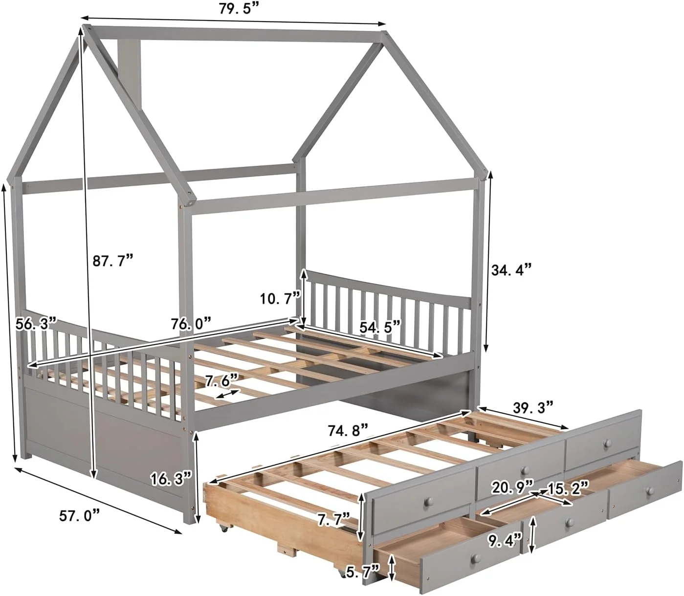 Full Size House Bed With Trundle And 3 Storage Drawers, Solid Wood Bed Frame, No Box Spring Required/White