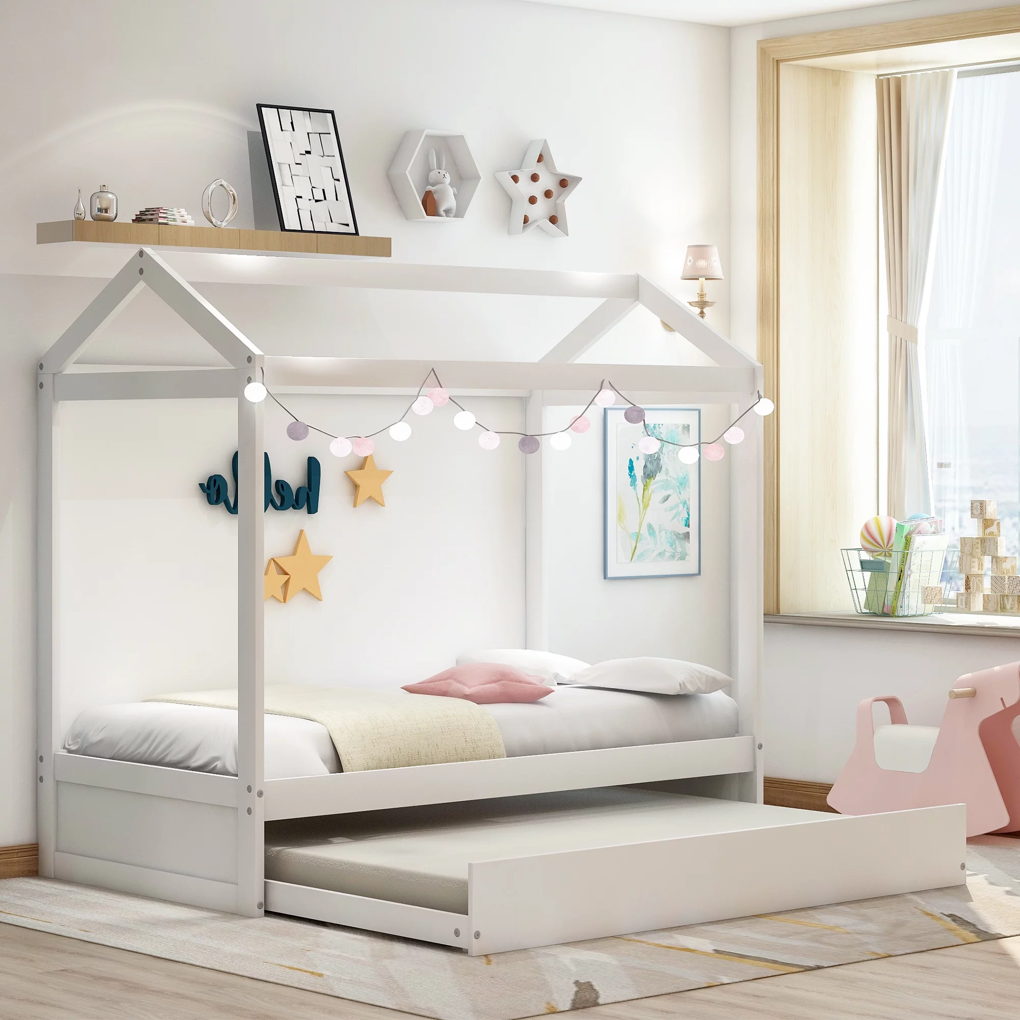 Children House Bed with Trundle Bed for Kids, Twin Size, Solid Wood Twin Daybed Frame with Trundle, can be Decorated, Tent Bedroom Furniture Comfort & Safe