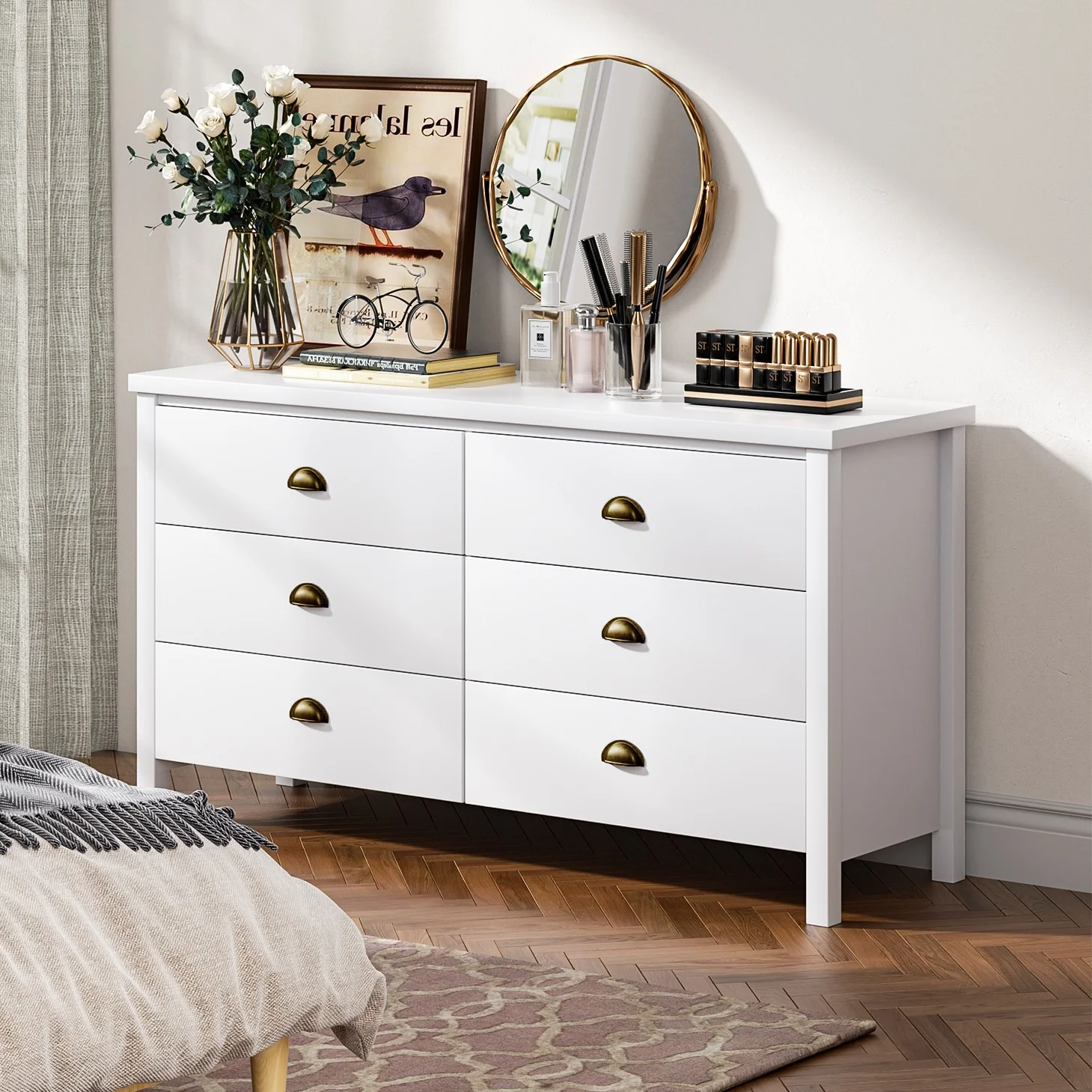 Nathaniel Home 6 Drawer Double Dresser with Legs, Modern Chest of Drawers, Large Capacity Storage Cabinet for Bedroom, Rustic Dresser for Hallway White