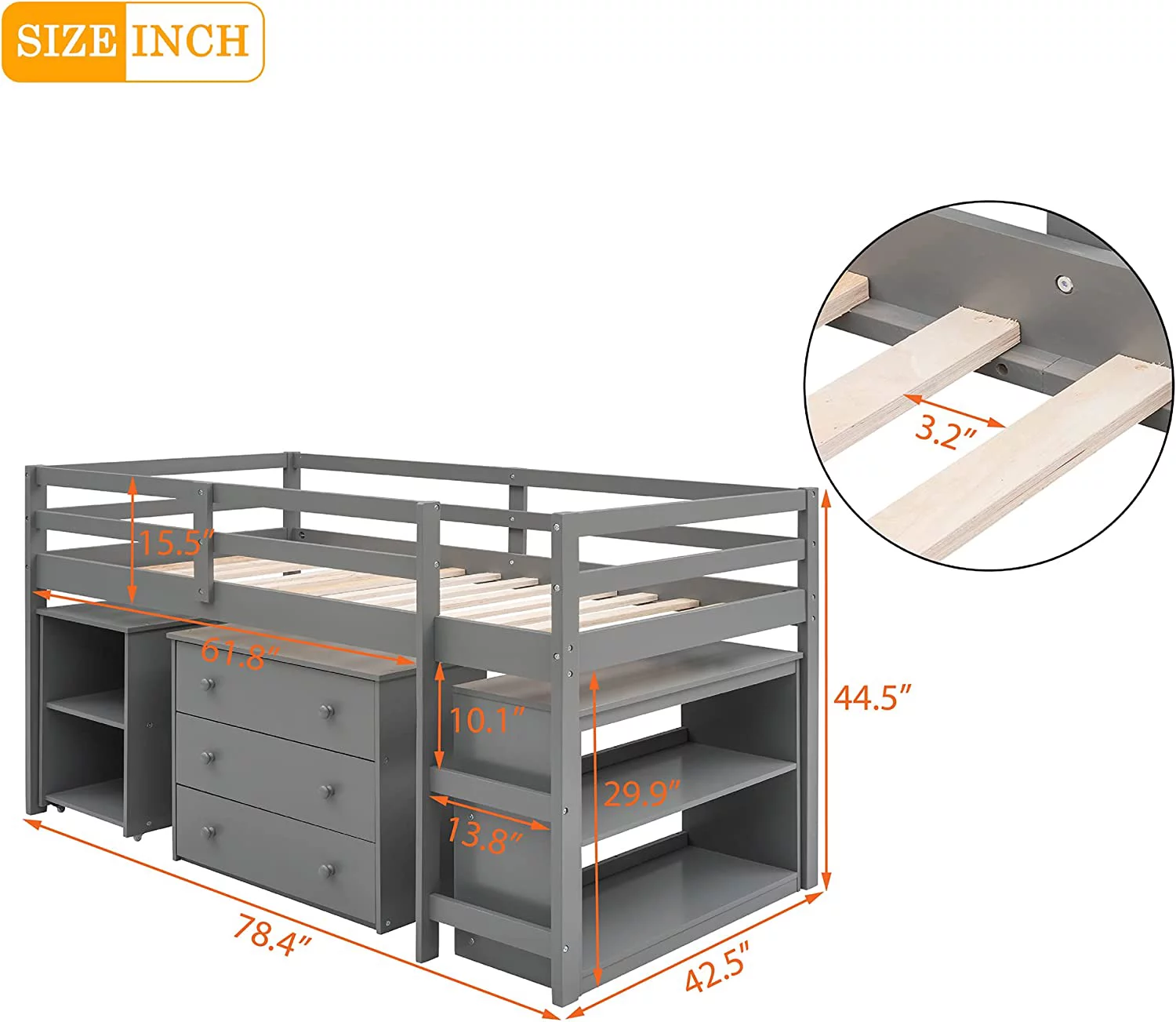 Low Loft Bed With Desk Underneath Wooden Size Kids Storage Cabinet Bookshelf ,Junior For Girls Boys (, Grey) Loft( Desk+Cabinet+Bookshelf)