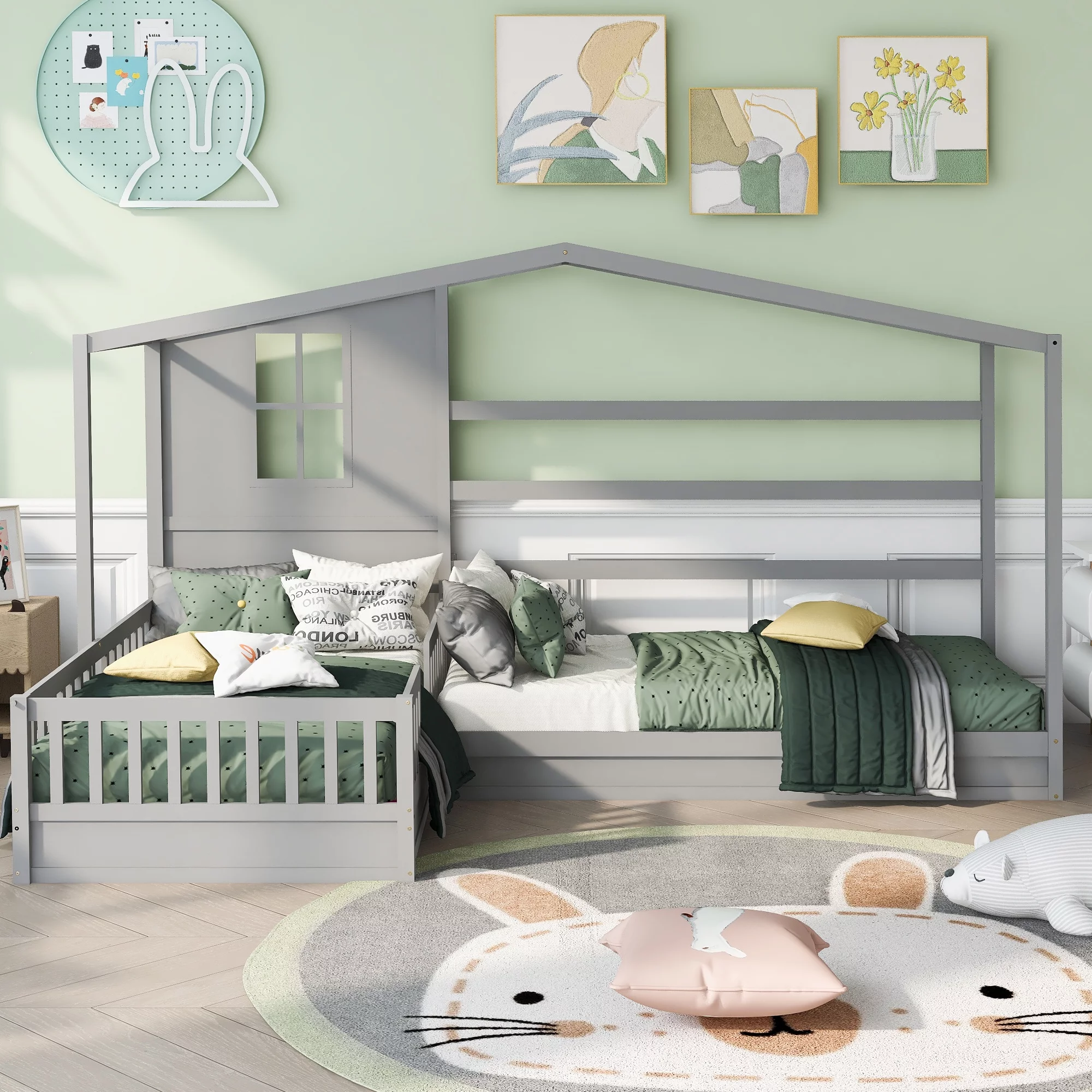 Twin Size House Beds, Solid Bed L structure Bed Frame for 2 Kids, Tent Bed for Boys Girls Teens Bedroom