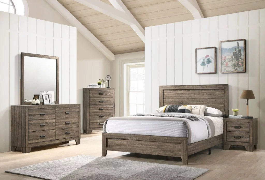 Contemporary 6Pc King Size Panel Bed Dresser Mirror Nightstand Chest Set Wooden Home Bedroom Furniture Gray Finish