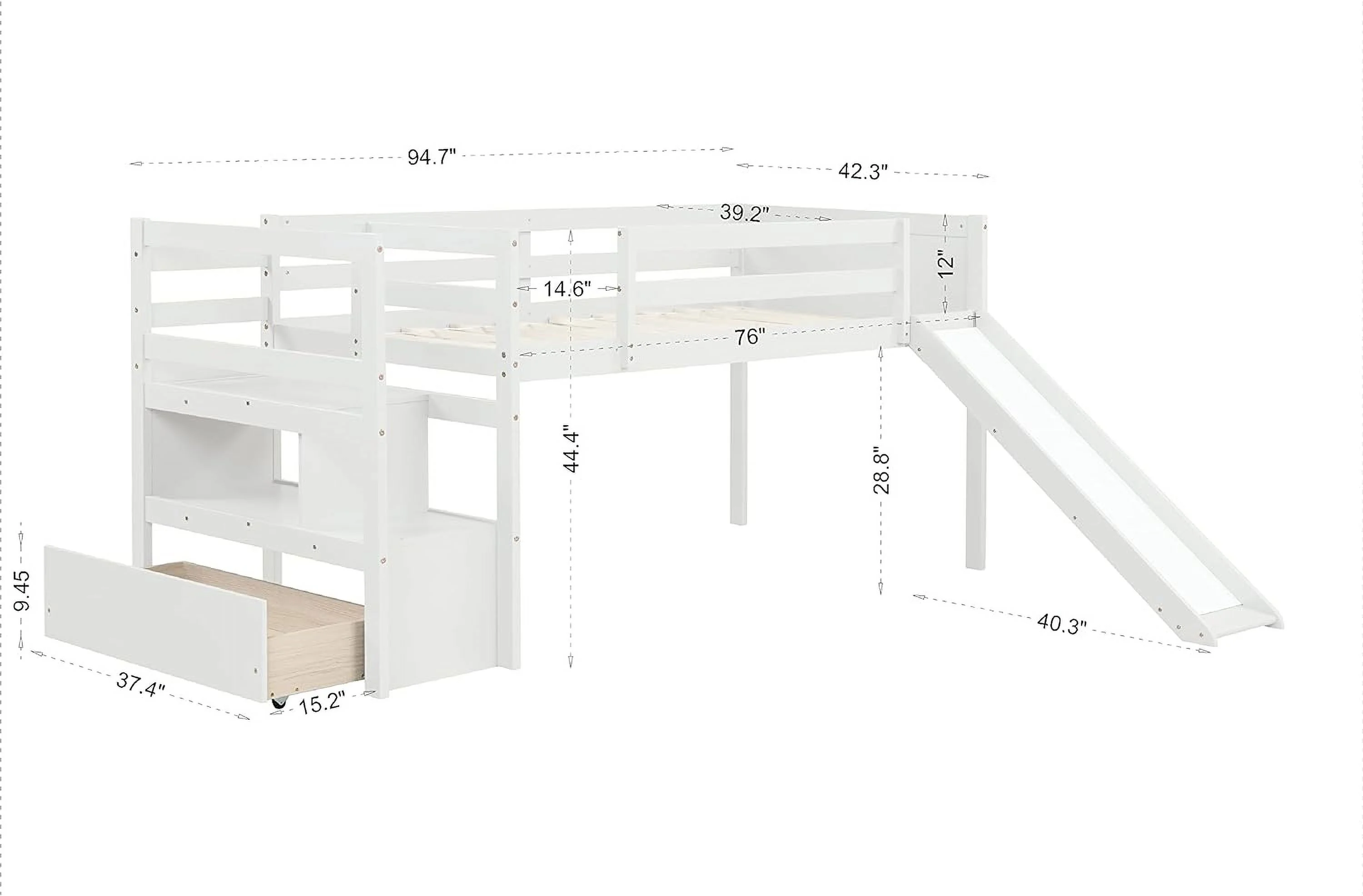 Moder White Loft Bed With Large Storage Space,Solid Wood Low Bed Frame With Guardrail,Stair,Kids Bed With Slide,Space Savig Bed For Bedroom,Easy Assemble