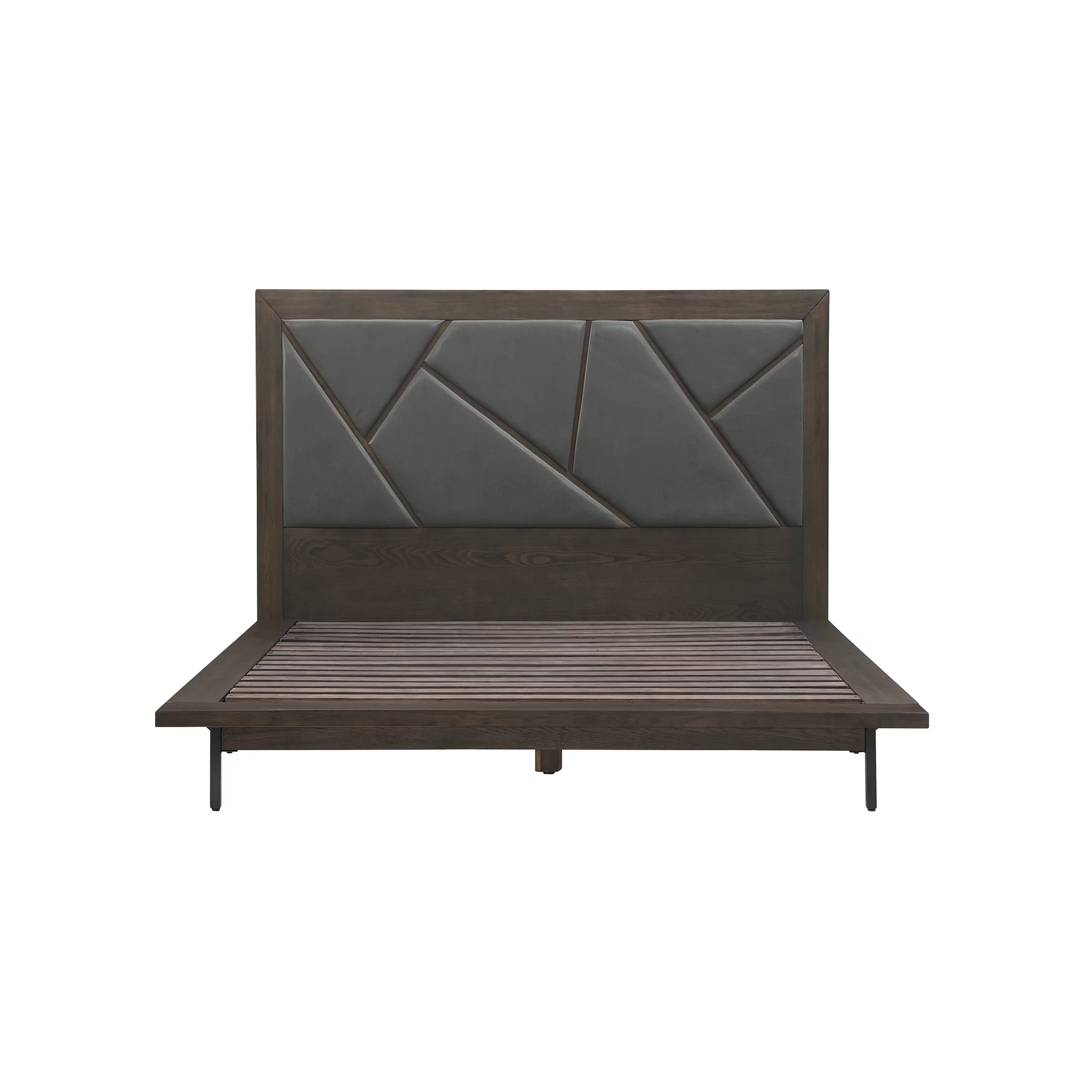 Marquis 4 Piece Queen Size Platform Bed Frame Bedroom Set in Oak Wood with Faux Leather Headboard