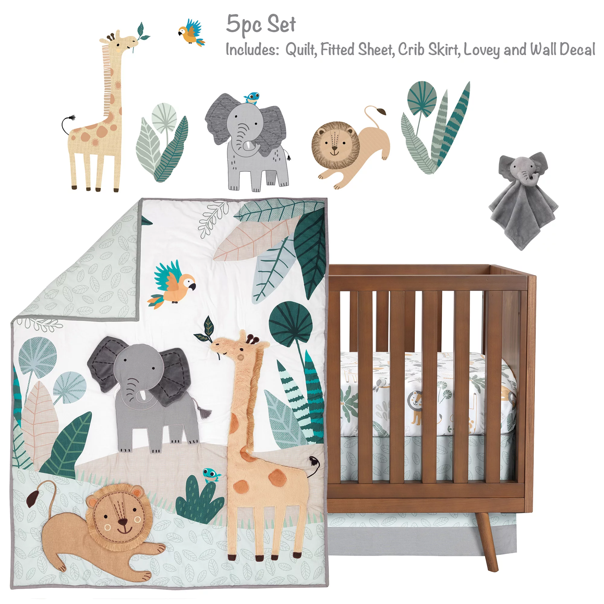 Lambs & Ivy Jungle Friends 5-Piece Safari Animals Gray Nursery Baby Crib Bedding Set