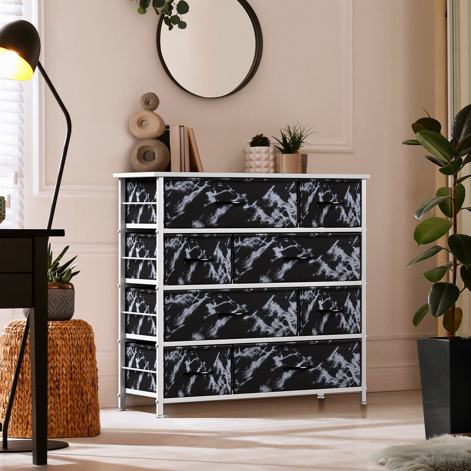 Sorbus Dresser with 8 Drawers - Furniture Storage Chest Tower Unit for Bedroom, Hallway, Closet, Office Organization - Steel Frame, Wood Top, Easy Pull Fabric Bins (Marble Black – White Frame)