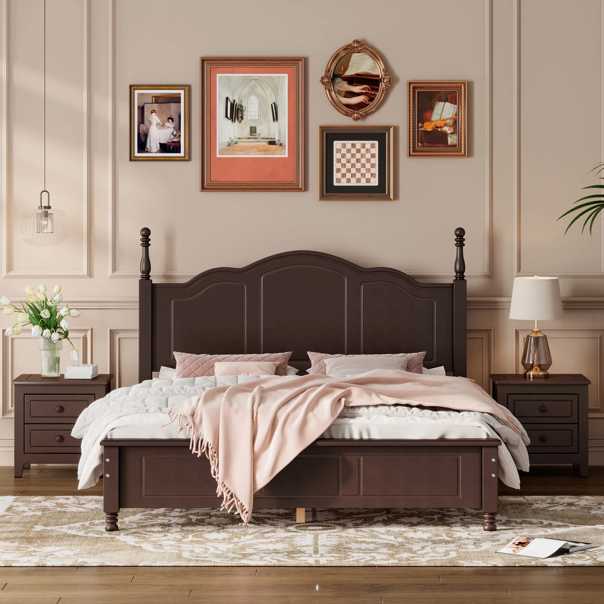 CoSoTower 3-Pieces Bedroom Sets,Queen Size Wood Platform Bed and Two Nightstands-Dark Walnut
