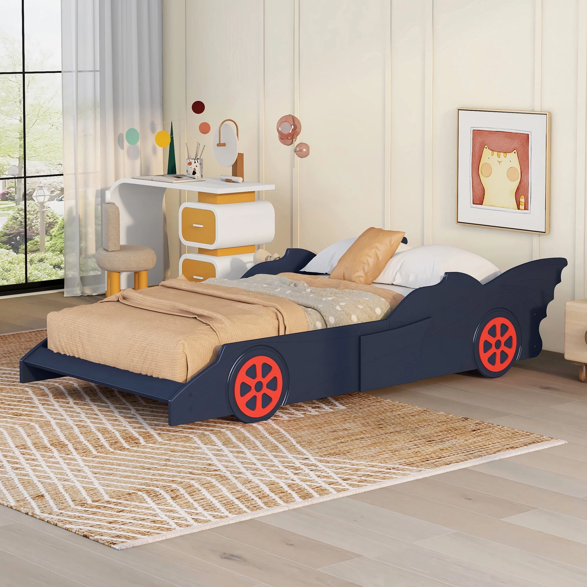 Euroco Modern Wood Race Car-Shaped Twin Size Platform Bed for Kids’ Bedroom, Blue & Red