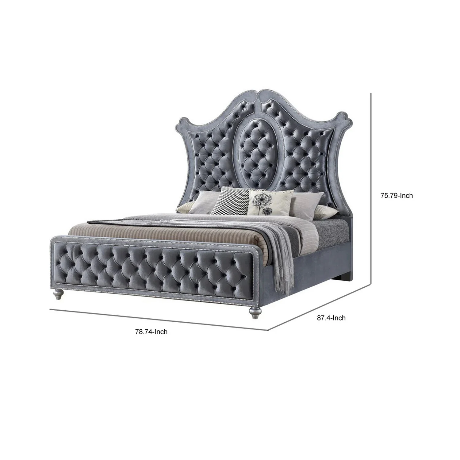 Benjara Rall King Size Bed, Curved Wood Headboard, Tufted Gray Fabric Upholstery