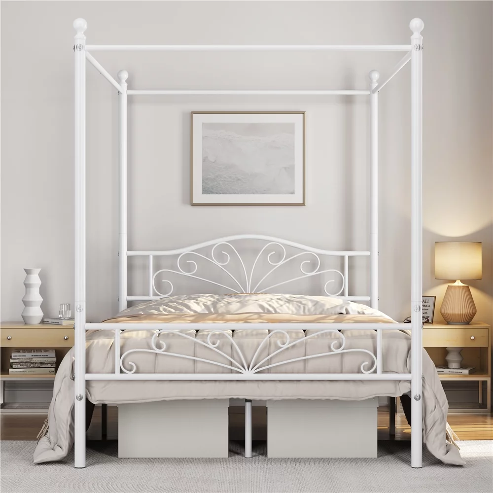 Yaheetech Four-poster Metal Canopy Bed Frame with Graceful Scroll,Full,White