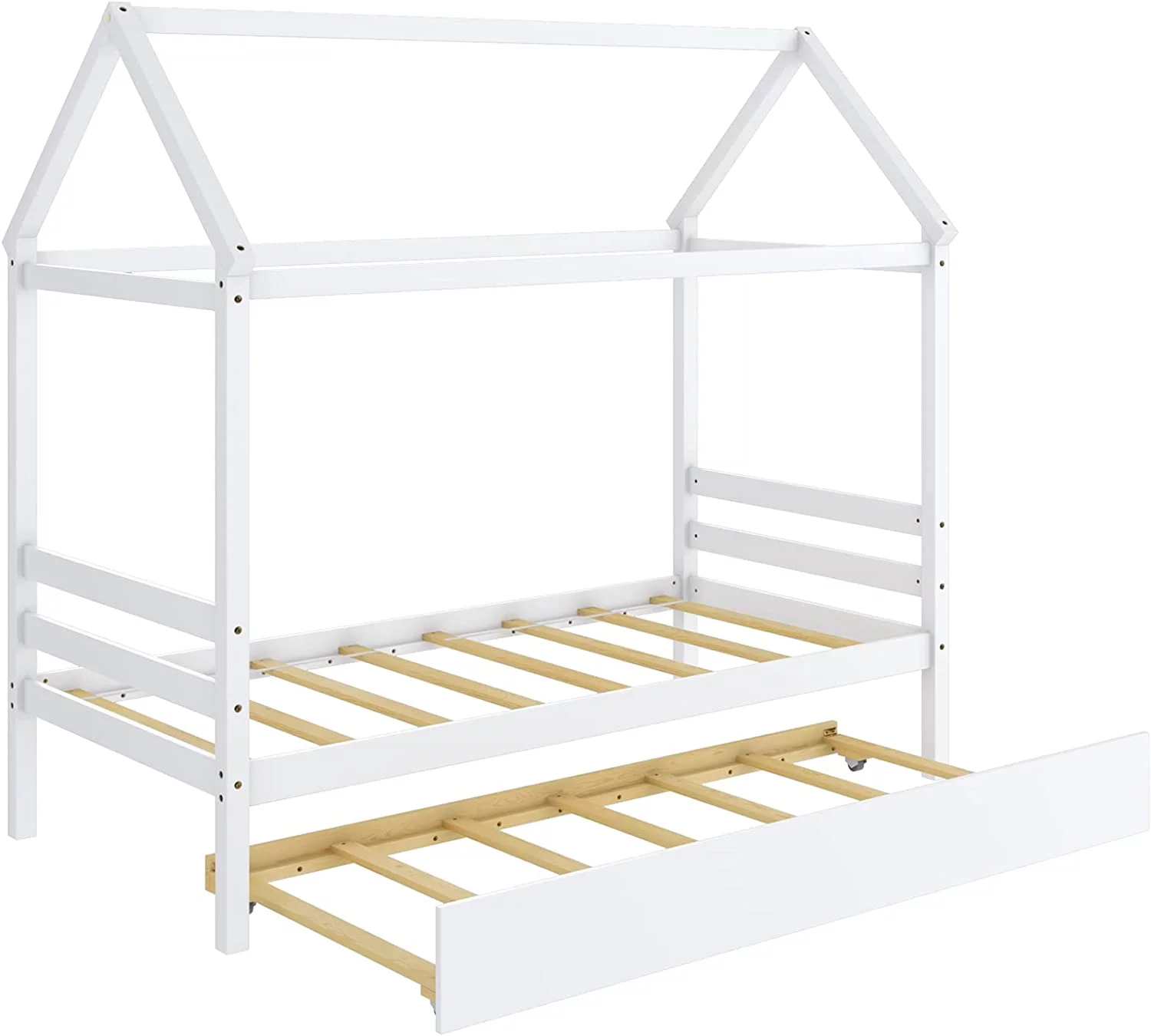 House Bed with Trundle, Solid Wood Twin Size Daybed for Girls & Boys, Kids Platform Bed Frame with Roof for Bedroom, No Box Spring Needed, White