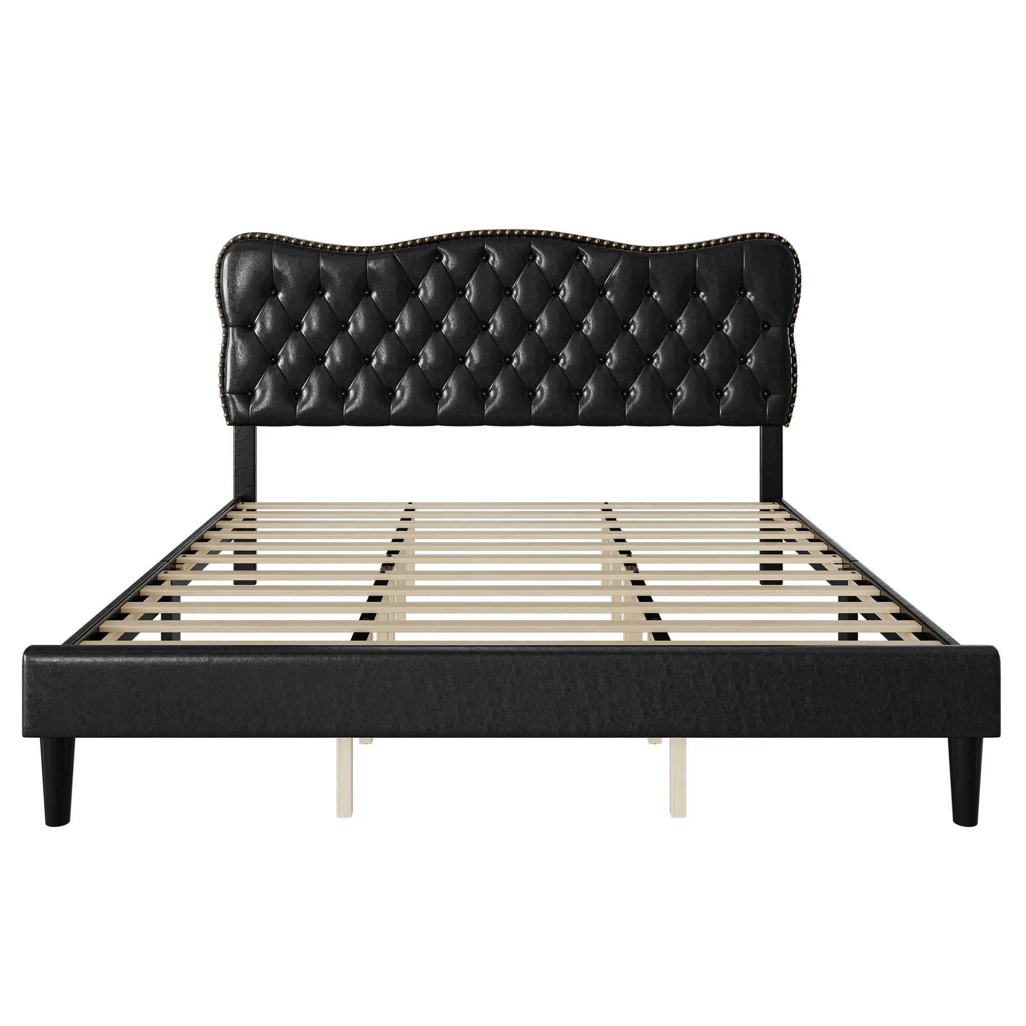 WhizMax Easy Assembly Faux Leather King Size Bed Frame with Durable Structure, Platform Design, and No Box Spring Needed in Black