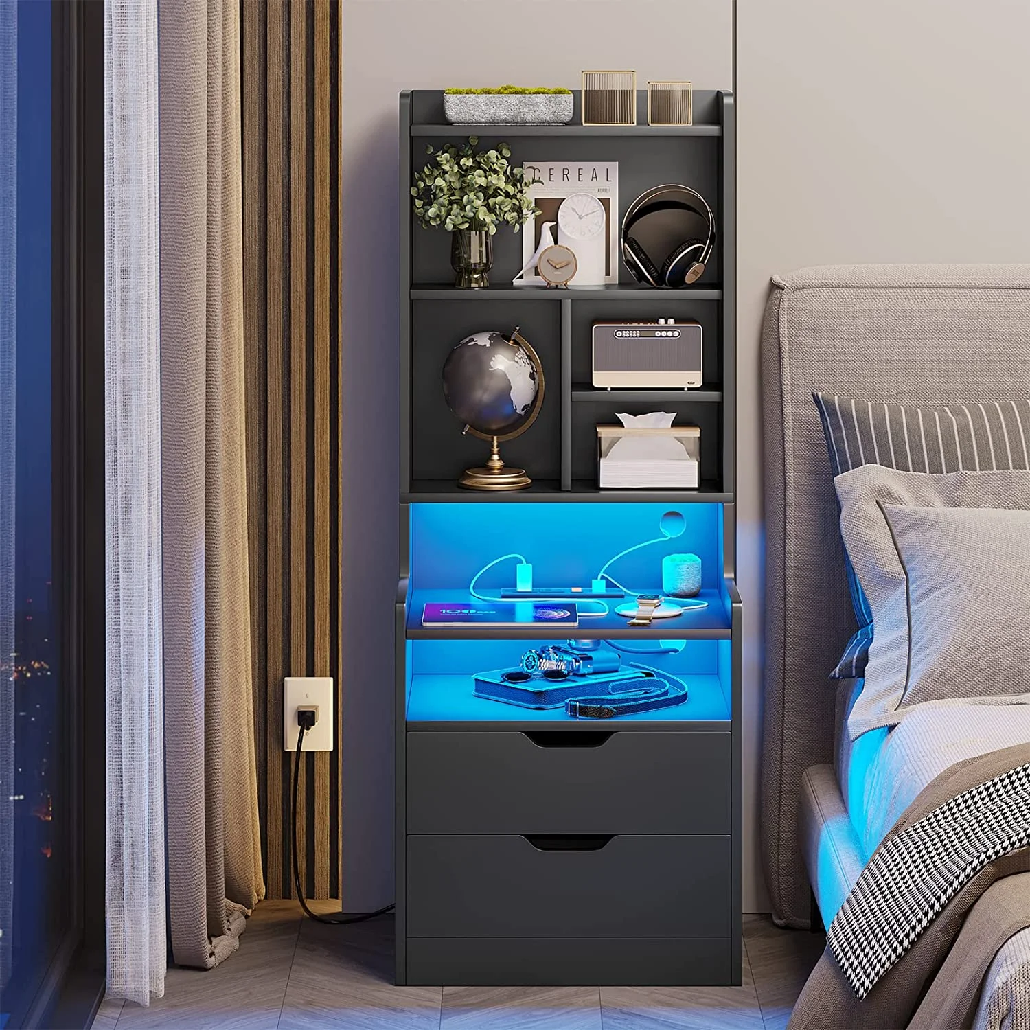 Nightstand with Bookshelf, Shelves, Drawers and LED Lights,Tall Bedside End Table with Charging Station and Storage,Black