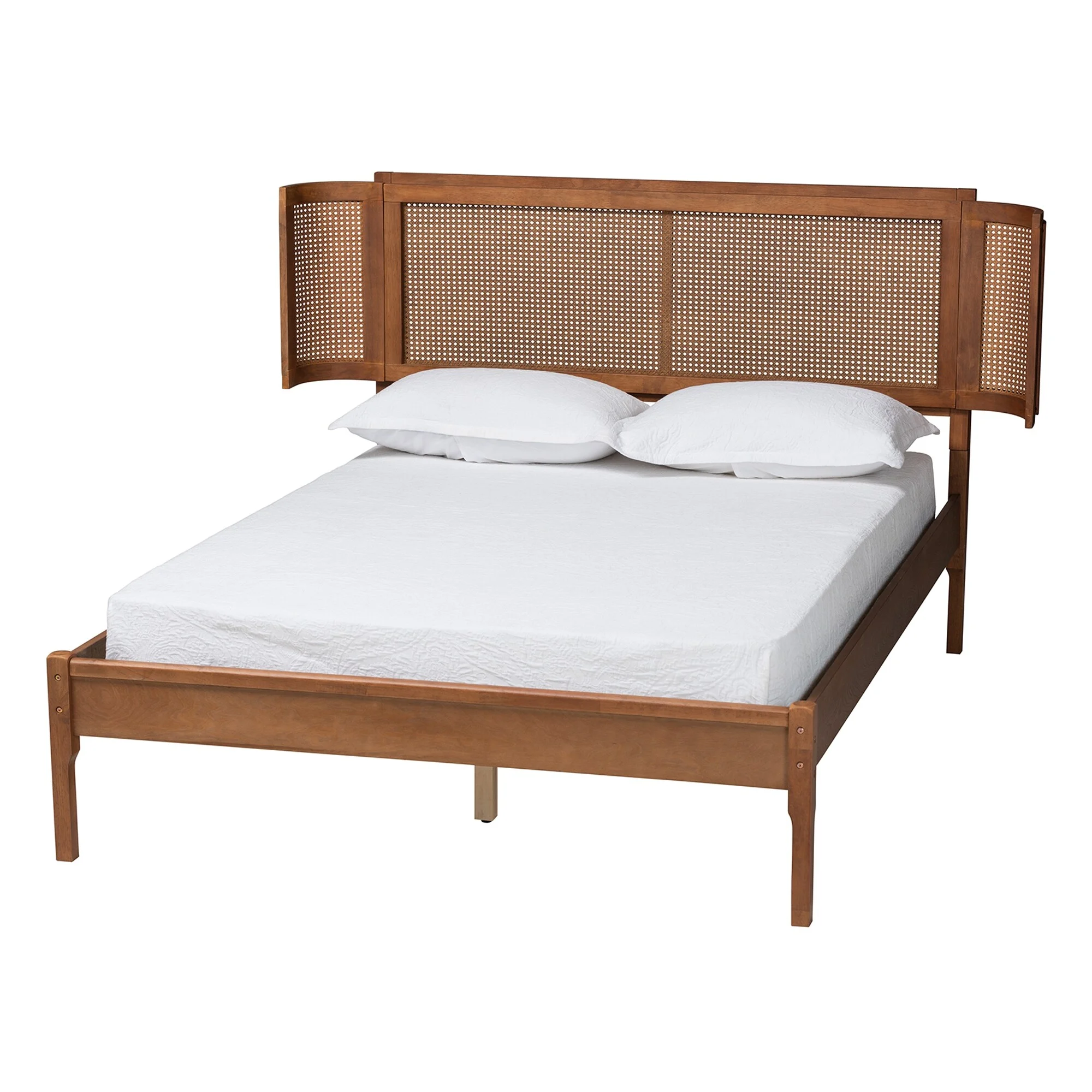 Baxton Studio Eridian Mid-Century Modern Walnut Brown Finished Wood and Natural Rattan Platform Bed Full