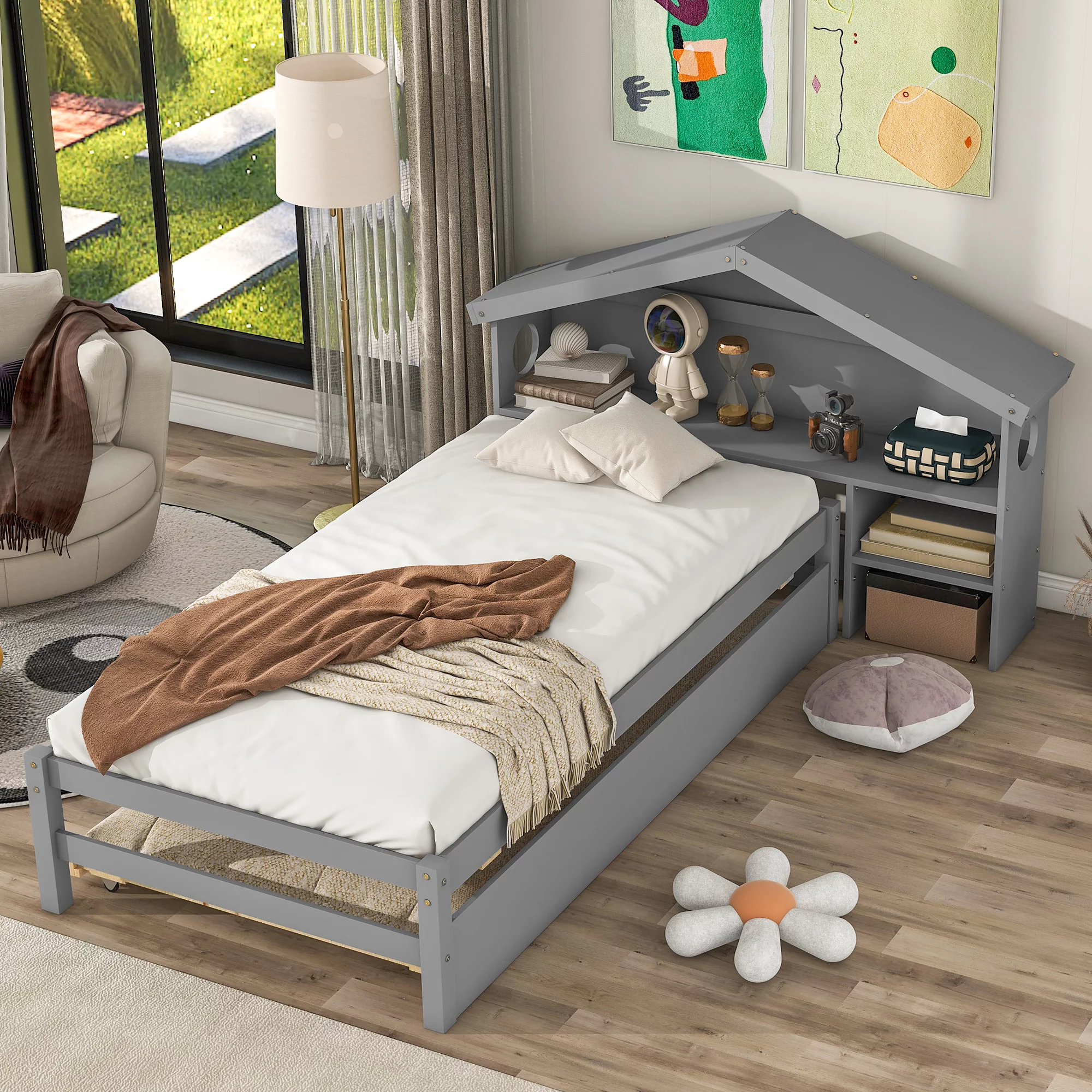 Twin Storage House Bed for kids with Bedside Table Under Bed Storage Mattress, Trundle, Grey