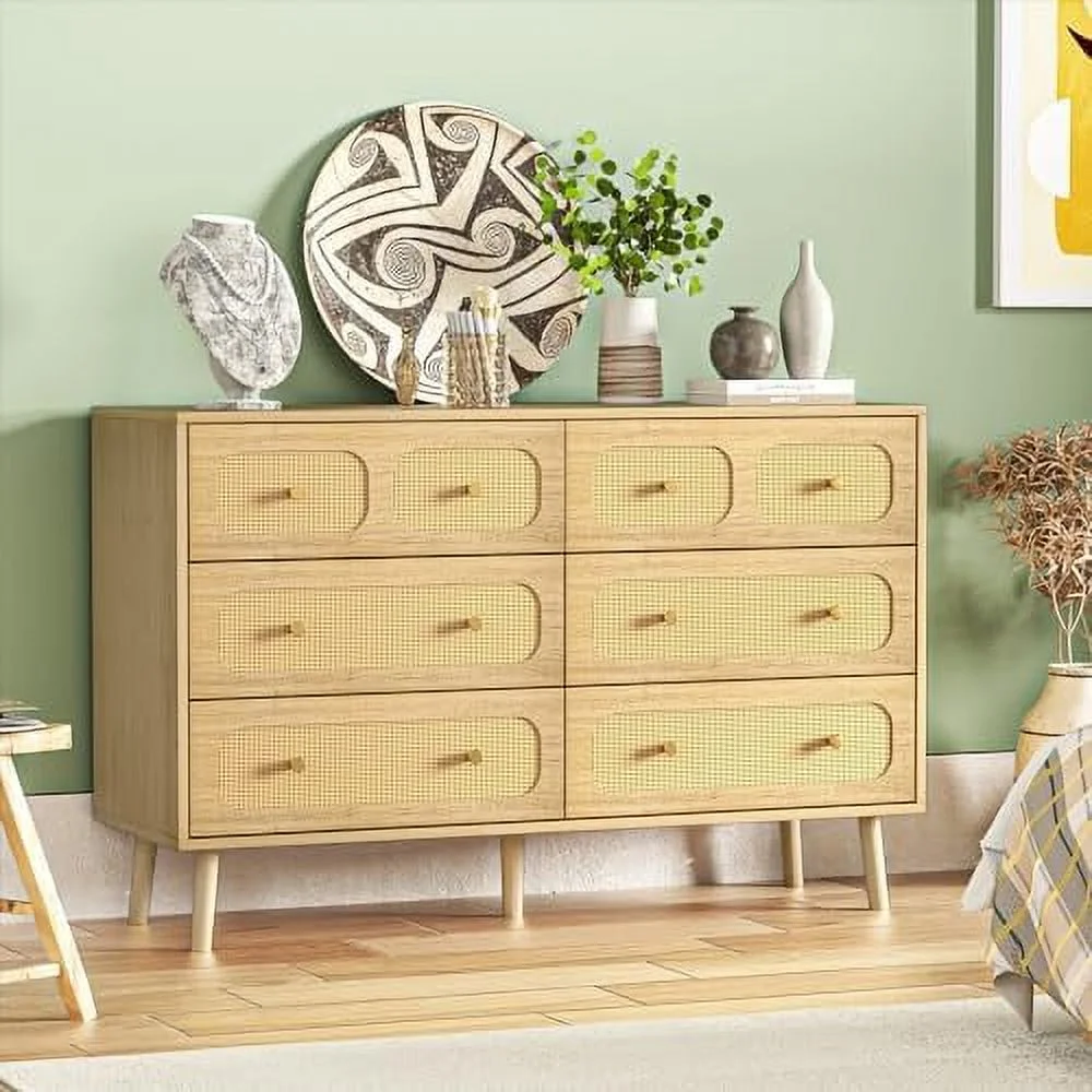HBBOOMLIFE 6 Drawer Double Dresser for Bedroom Rattan Dresser with Gold Handles Chest of Drawers with Deep Drawers for Living Room