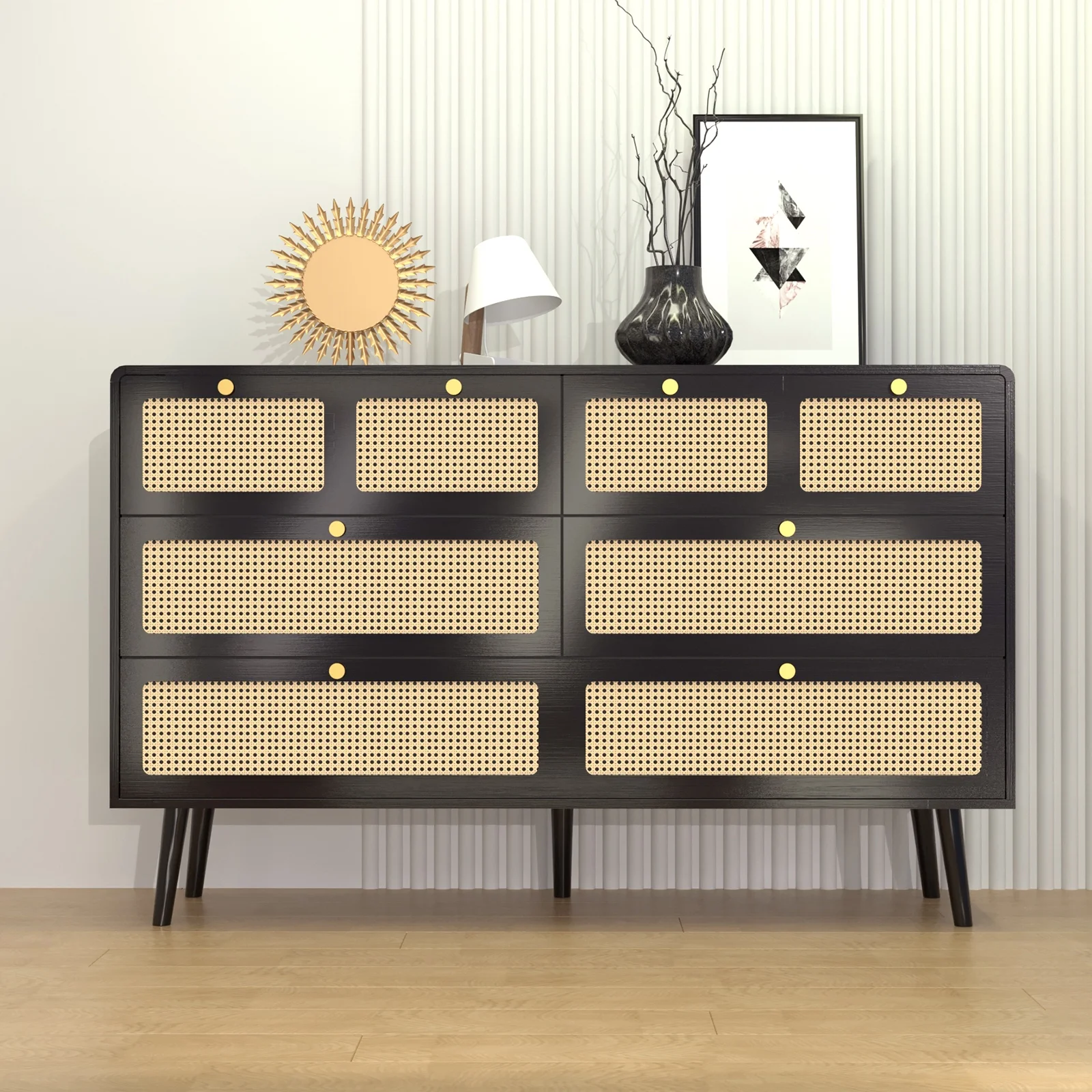 Rattan 6 Drawer Dresser, Rattan Chest of Drawers for Bedroom, Closet Storage Table Dresser for Bedroom, 47