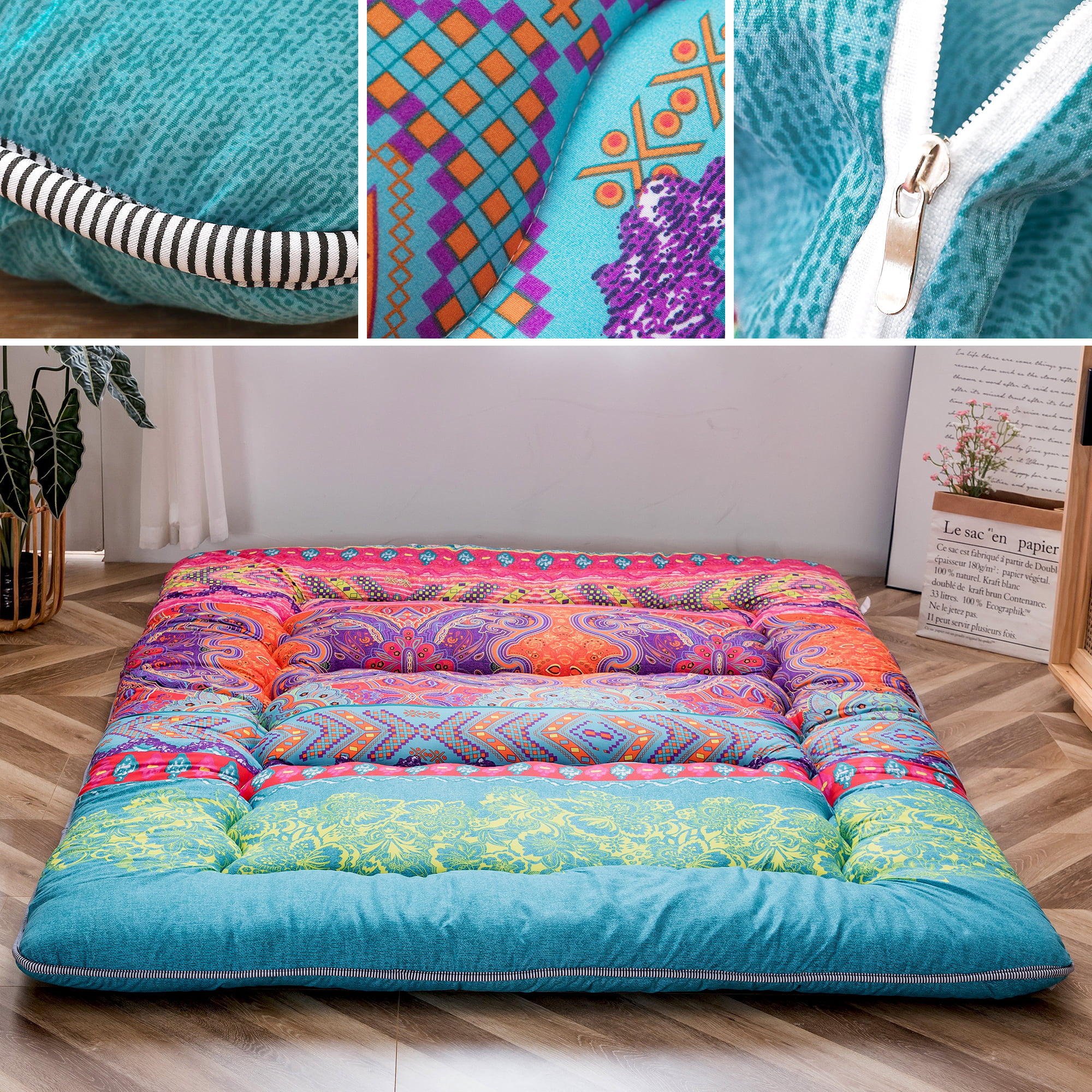 Bohemian Retro Floor Mattress Japanese Style Futon Mattress Portable Camping Mattress Sleeping Pad Queen