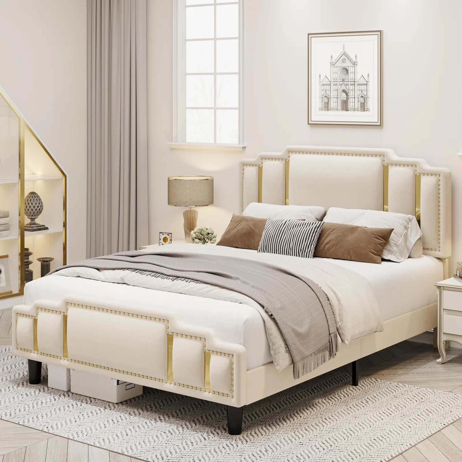 Homfa Full Bed Frame, Luxury Velvet Upholstered Headboard with Golden Iron Sheet & Rivets, Platform Bed with Adjustable Headboard, White