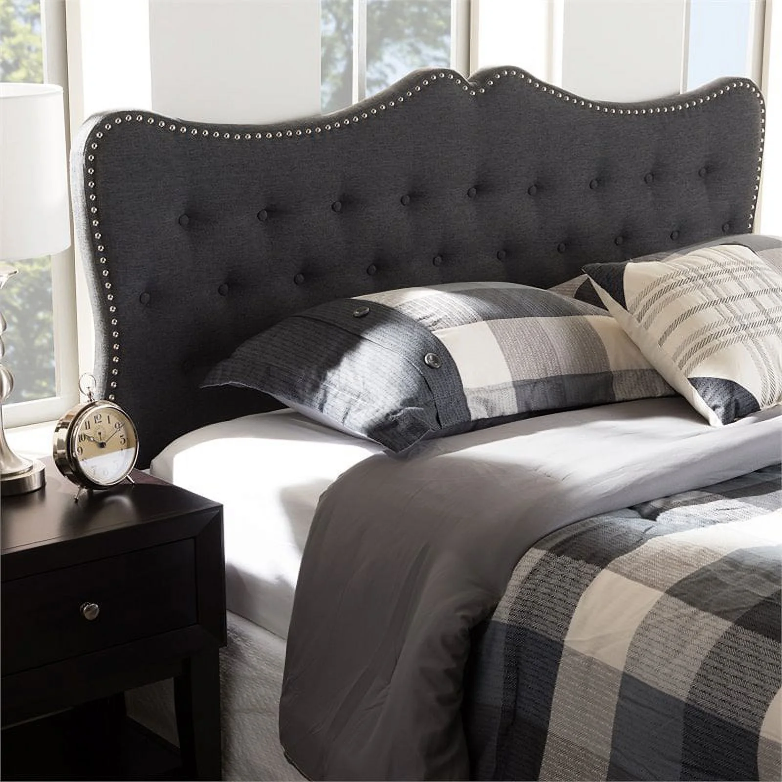 Bowery Hill Modern Tufted Queen Panel Headboard in Dark Gray