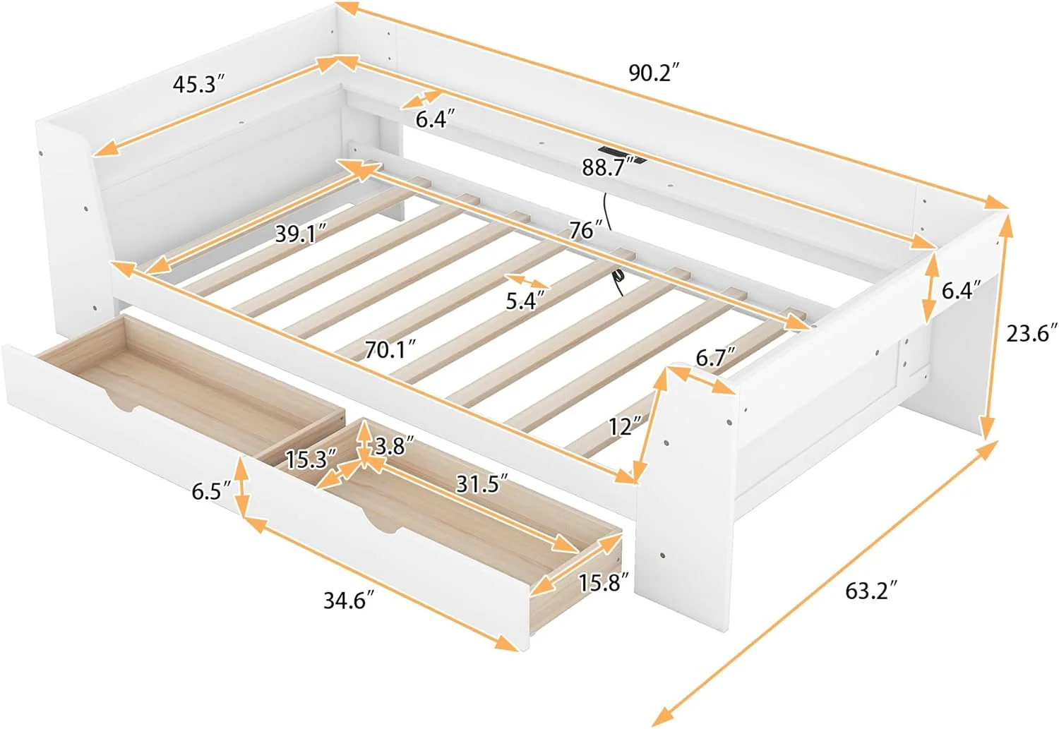 Daybed Wih Sorage Drawers, Shelves Ad Buil-I Chargig Saio, Wood Sorage Bed Frame, For Bedroom Livig Room ( Size, Whie)