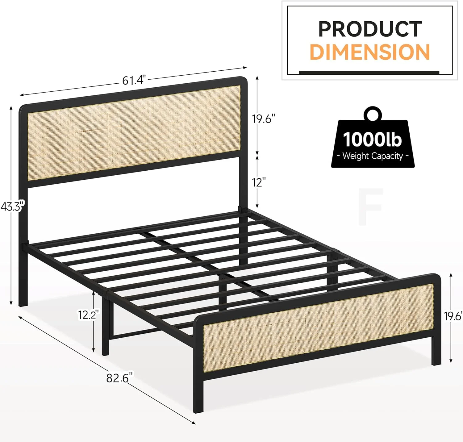 Queen Bed Frame With Natural Rattan Headboard And Footboard, Metal Platform With Strong Metal Slats Support, Boho Cane Bed With Curved Headboard Mattress Foundation, No Box Spring Needed