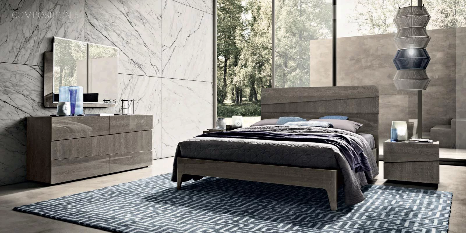 Modern High Gloss Grey King Bedroom Set 5 Pcs Made in Italy ESF Tekno