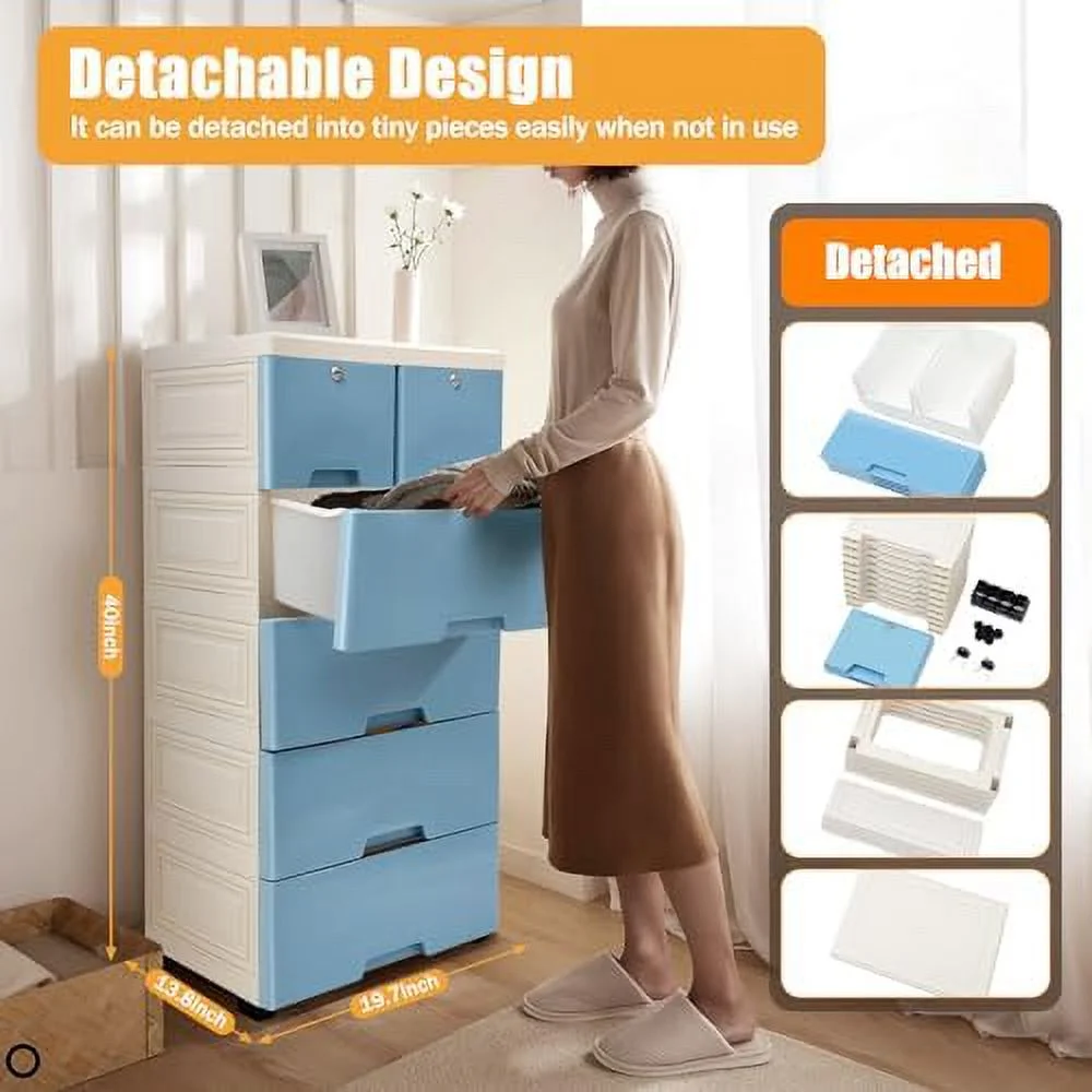 GEROBOOM Plastic Drawers Dresser  Cabinet 6 Drawers Closet Organizer w/4 wheels，Nightstand Chest Dresser Organizer  Bedroom Cabinet 19.7"W x 13.8"D x 40" H (Blue)