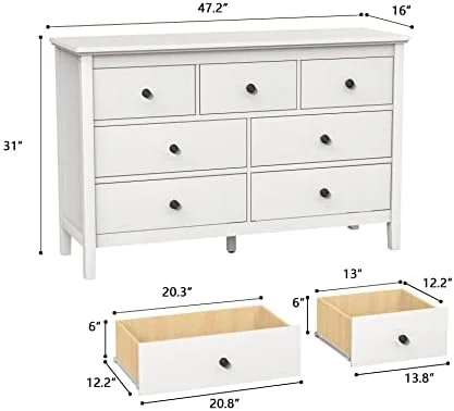 White Dresser 7 Drawer Dresser for Bedroom White Dresser with Black Knobs Dresser Chest of Drawers for Office Room