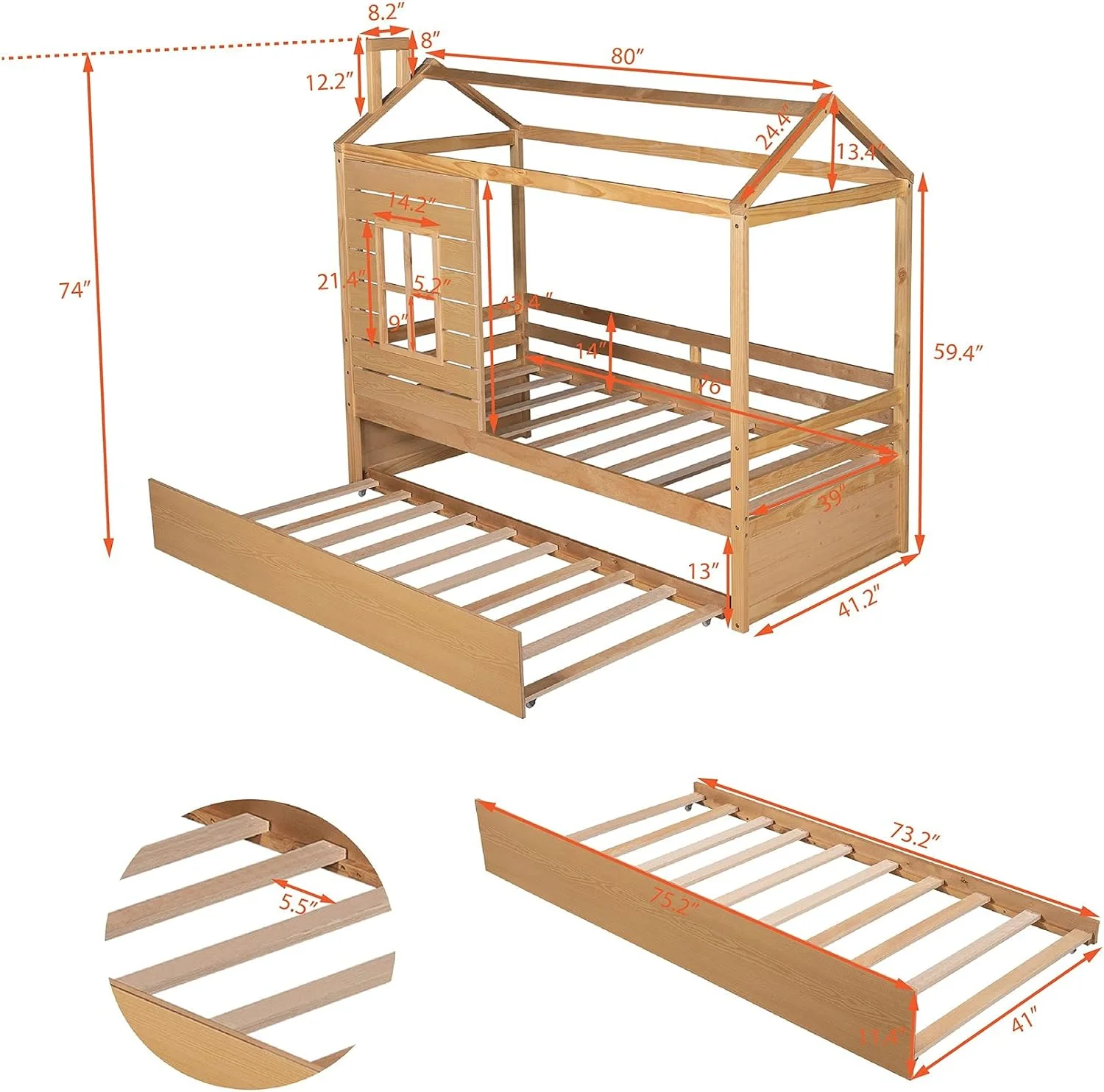Size House Bed With Trundle, Wood Size Platform Bed Frame With Roof And Windown, Natural
