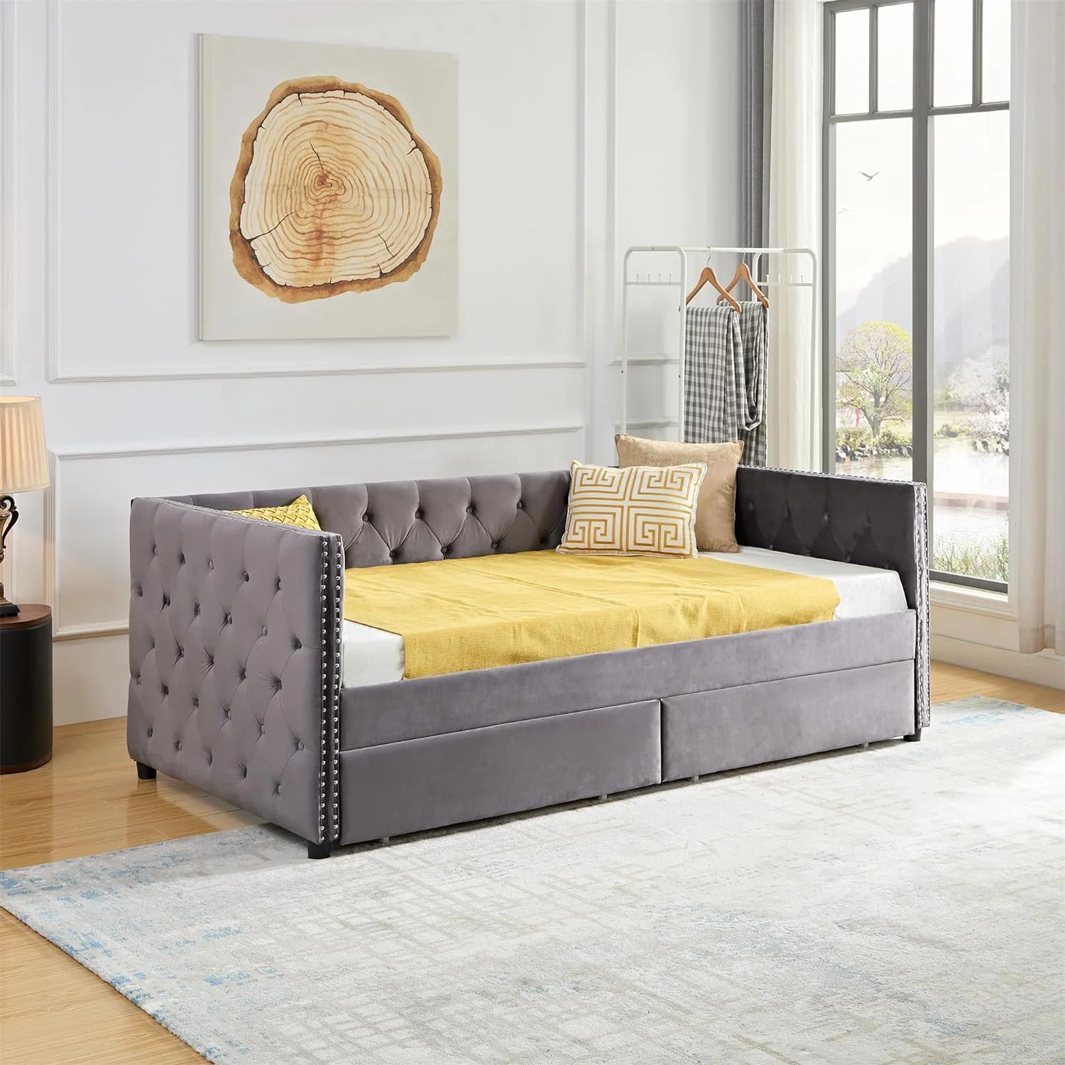 Velvet Upholstered Daybed With 2 Storage Drawers, Upholstered Tufted Sofa Bed With Nail Head Trim, Sofa Bed Storage Daybed With Wood Frame, Grey