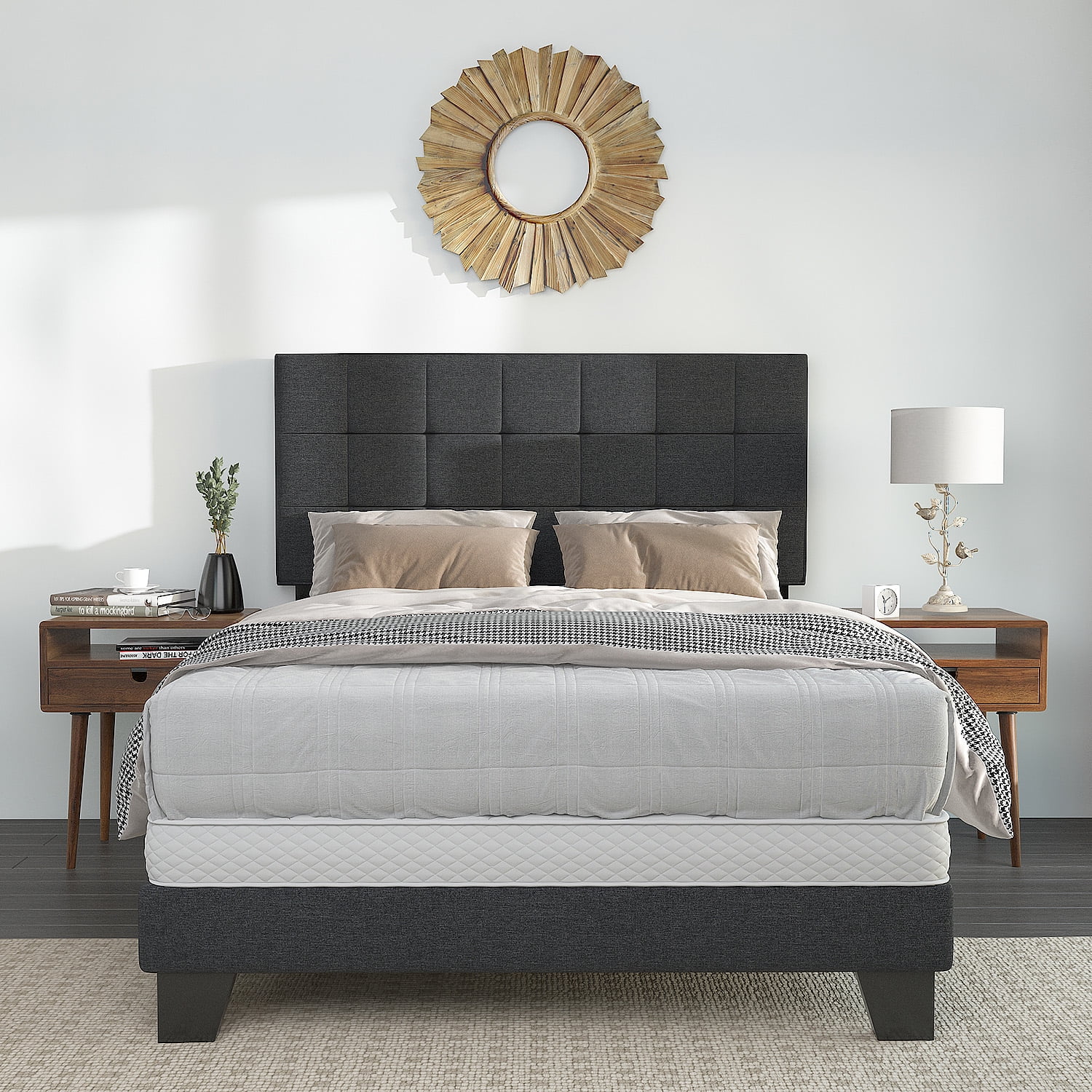 Einfach Queen Size Upholstered Panel Bed with Adjustable Headboard, Grey