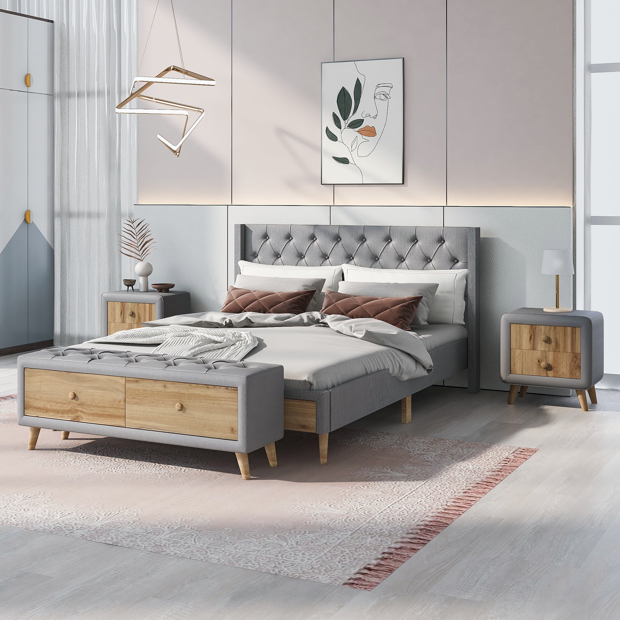 4-Pieces Bedroom Sets Queen Size Upholstered Platform Bed with Two Nightstands and Storage Bench-Gray