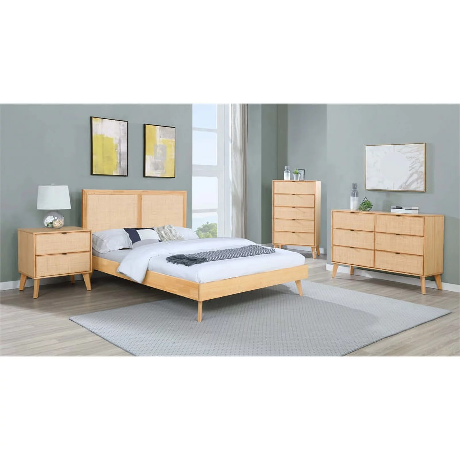 Linon Winnie Wood Queen Bed Frame with Cane Headboard in Natural