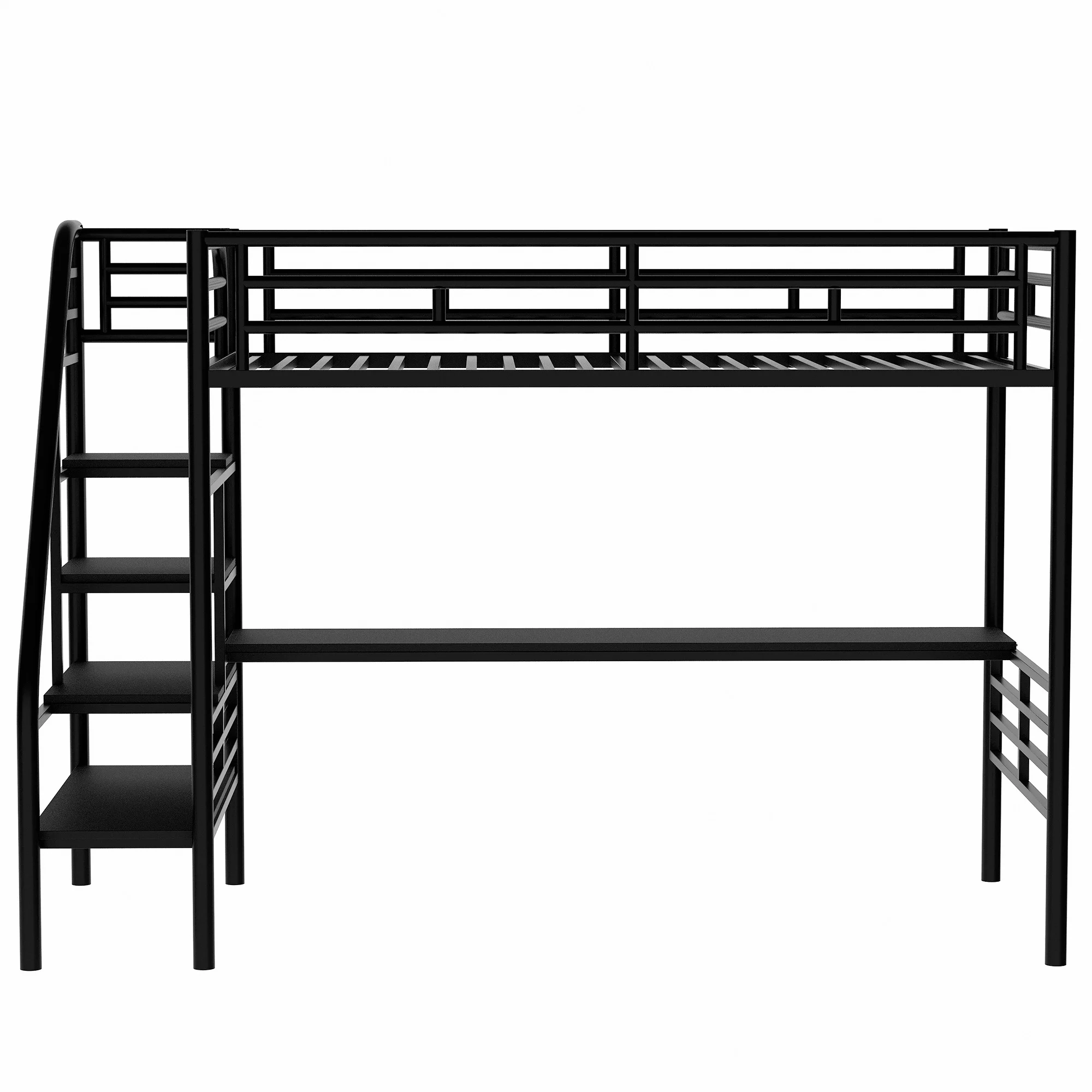 LANTRO JS Metal Loft Bed Frame with Desk, No Box Spring Needed, Twin, Black