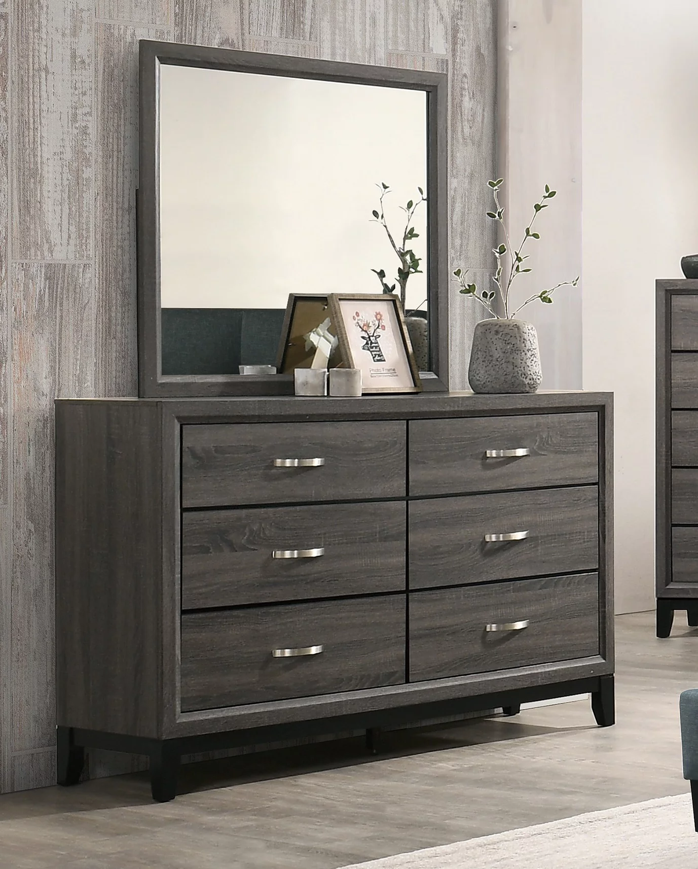 Bedroom furniture Charcoal Polyfiber Full Size bed Dresser Mirror Nightstand 4pc Set Plywood.