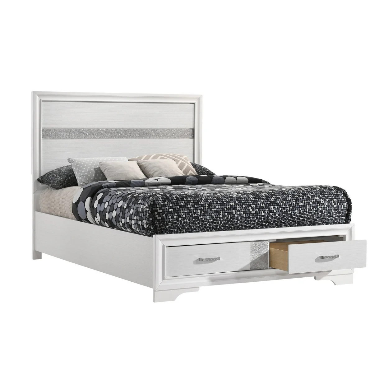 Vino Full Size Panel Bed with 2 Storage Drawers Acrylic Glitter White- Saltoro Sherpi