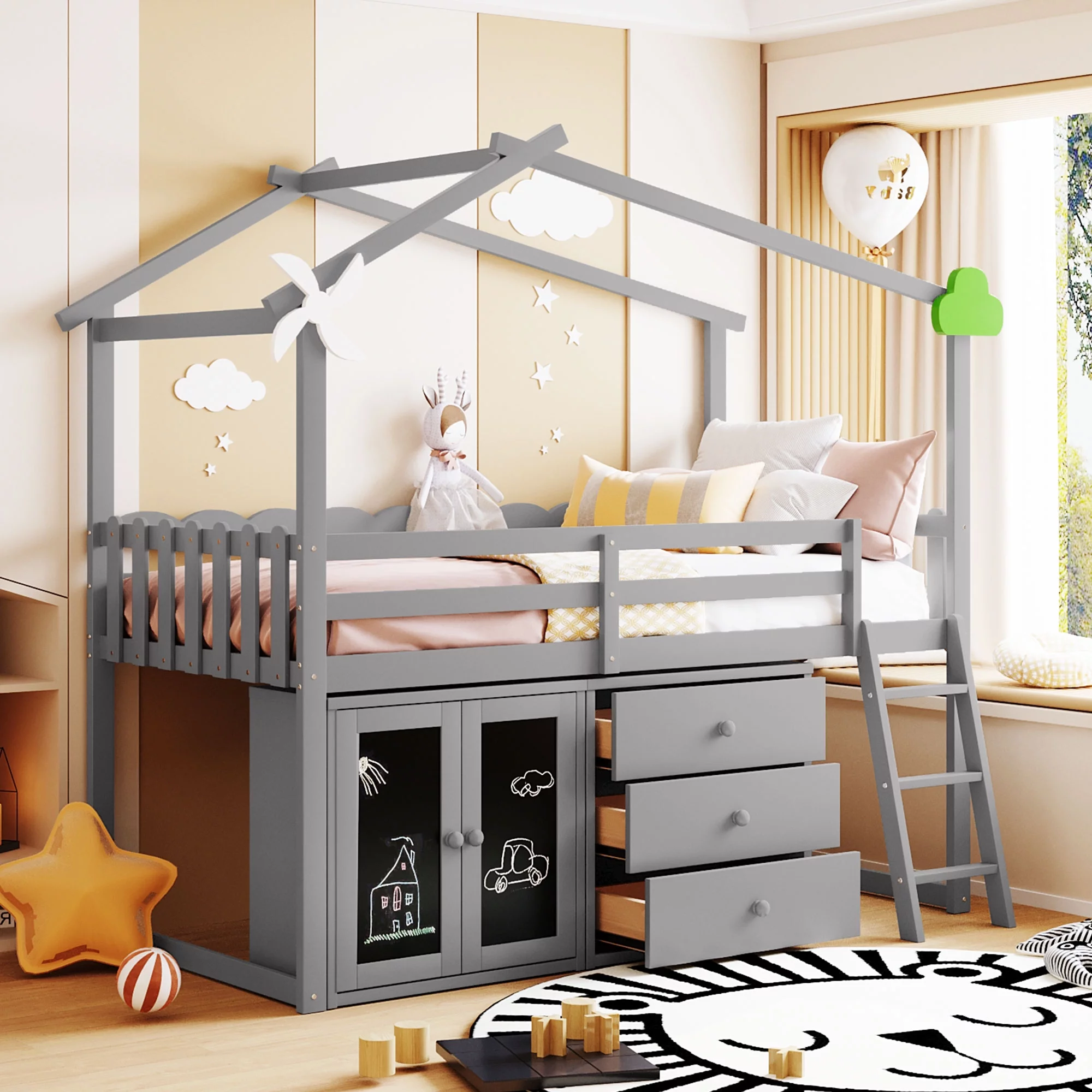 Twin Size Versatility Galore Loft Bed with Cabinet and Drawers, Wooden Loft Bed Frame with Ladder and Safety Guardrail for Kids Teens Adults,Bedroom