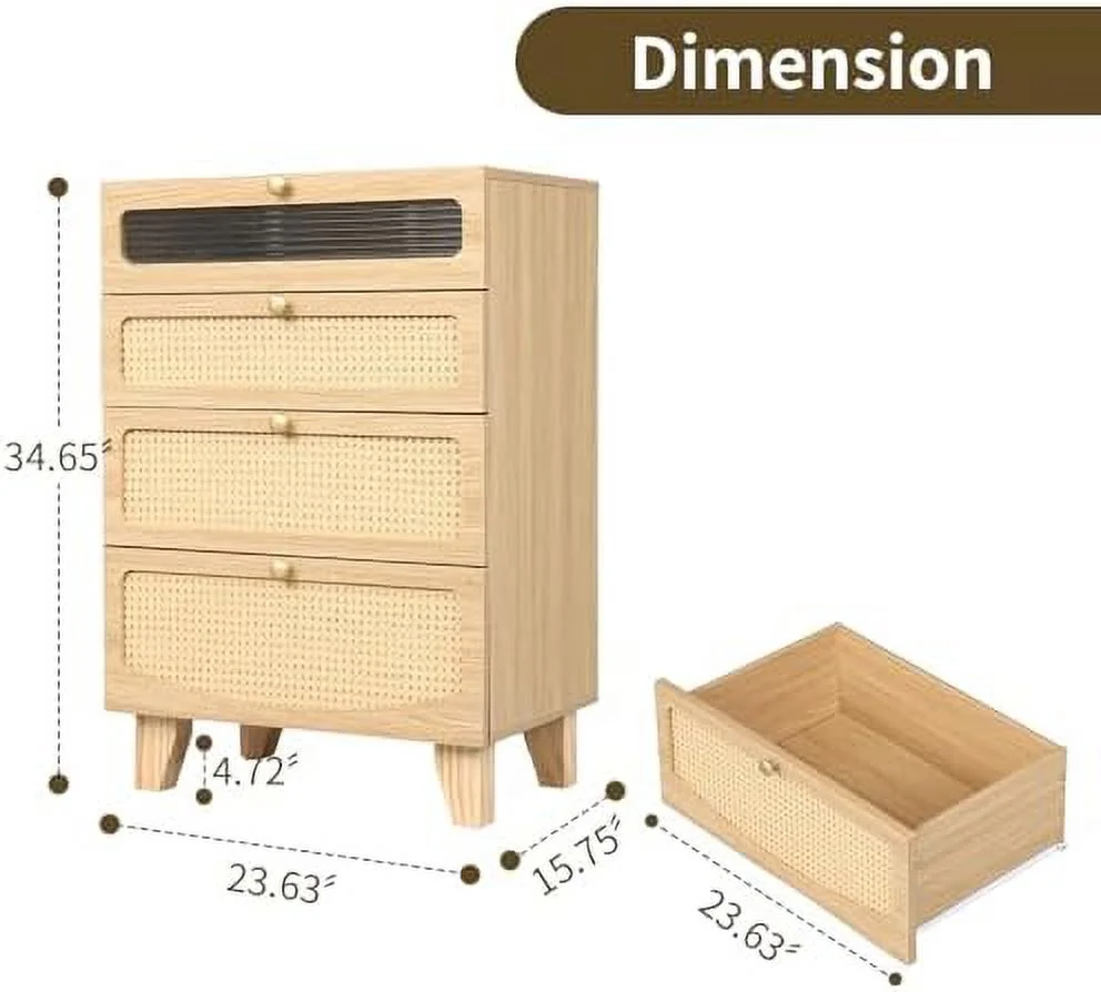 NLIBOOMLife Dresser for Bedroom with 4 Drawers  Modern Dresser with LED Light  Rattan Chest of Drawers with Charging Station  Tall Dresser with Drawers for Bedroom Living Room(1pcs)