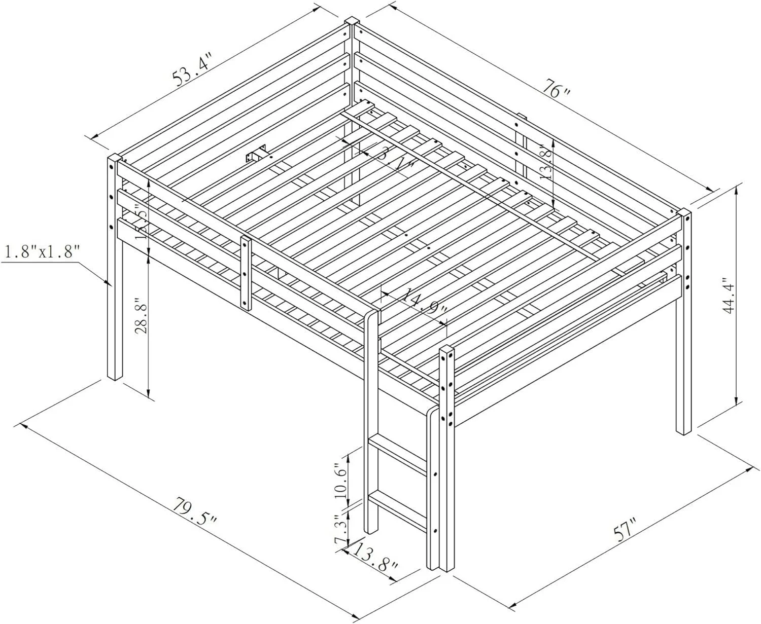 Full Size Lof Bed For Kids, Wood Low Profile Lof Bed Frame Wih Guard Rail & Ladder, Lof Bed Full Size For Boys, Girls, No Box Spring Needed (Whie)