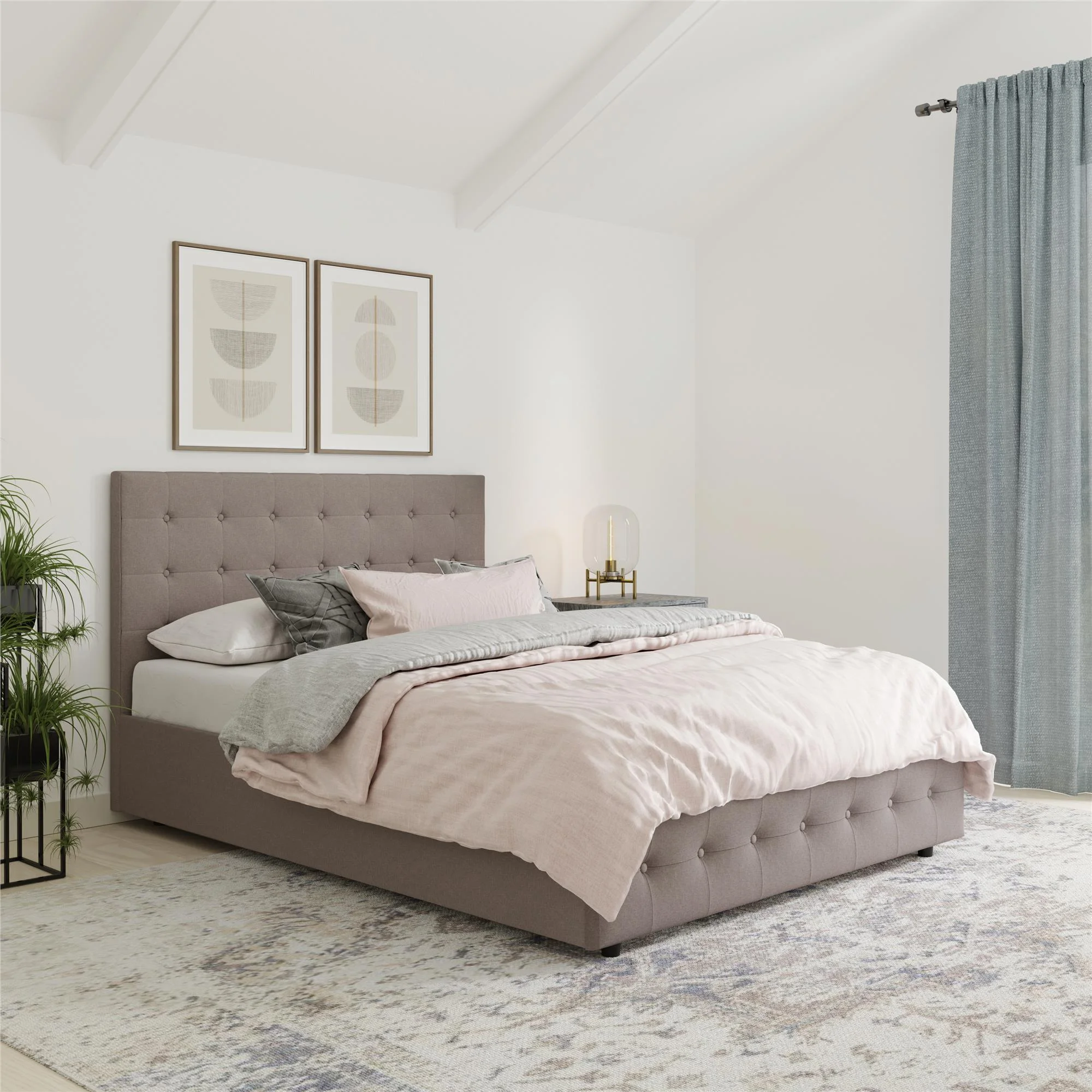 DHP Cambridge Upholstered Bed with Storage, Gray Linen, Queen