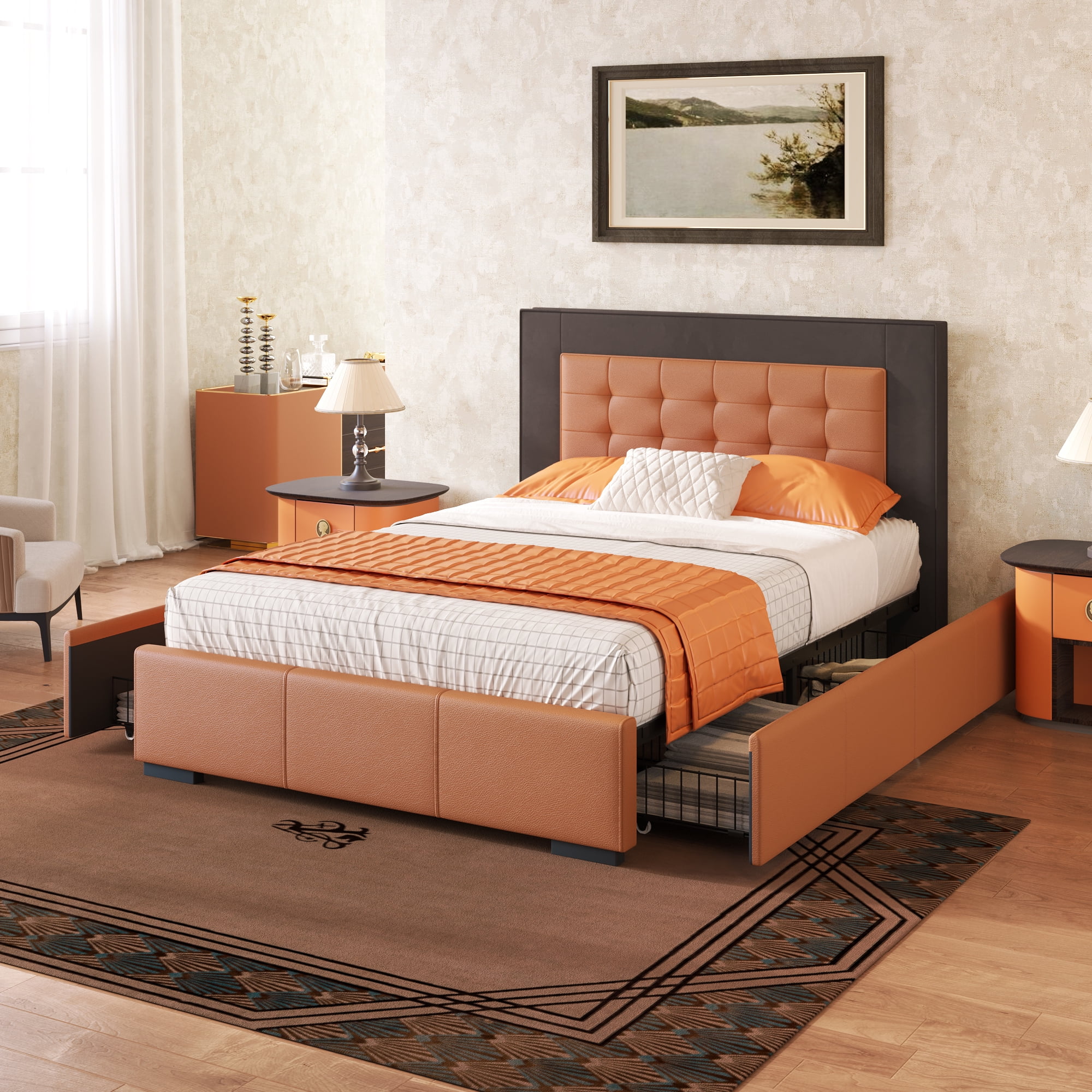 Modern Upholstered Queen Platform Bed Frame with Drawers, Button Tufted Headboard, PU Leather & Velvet, Orange/Brown