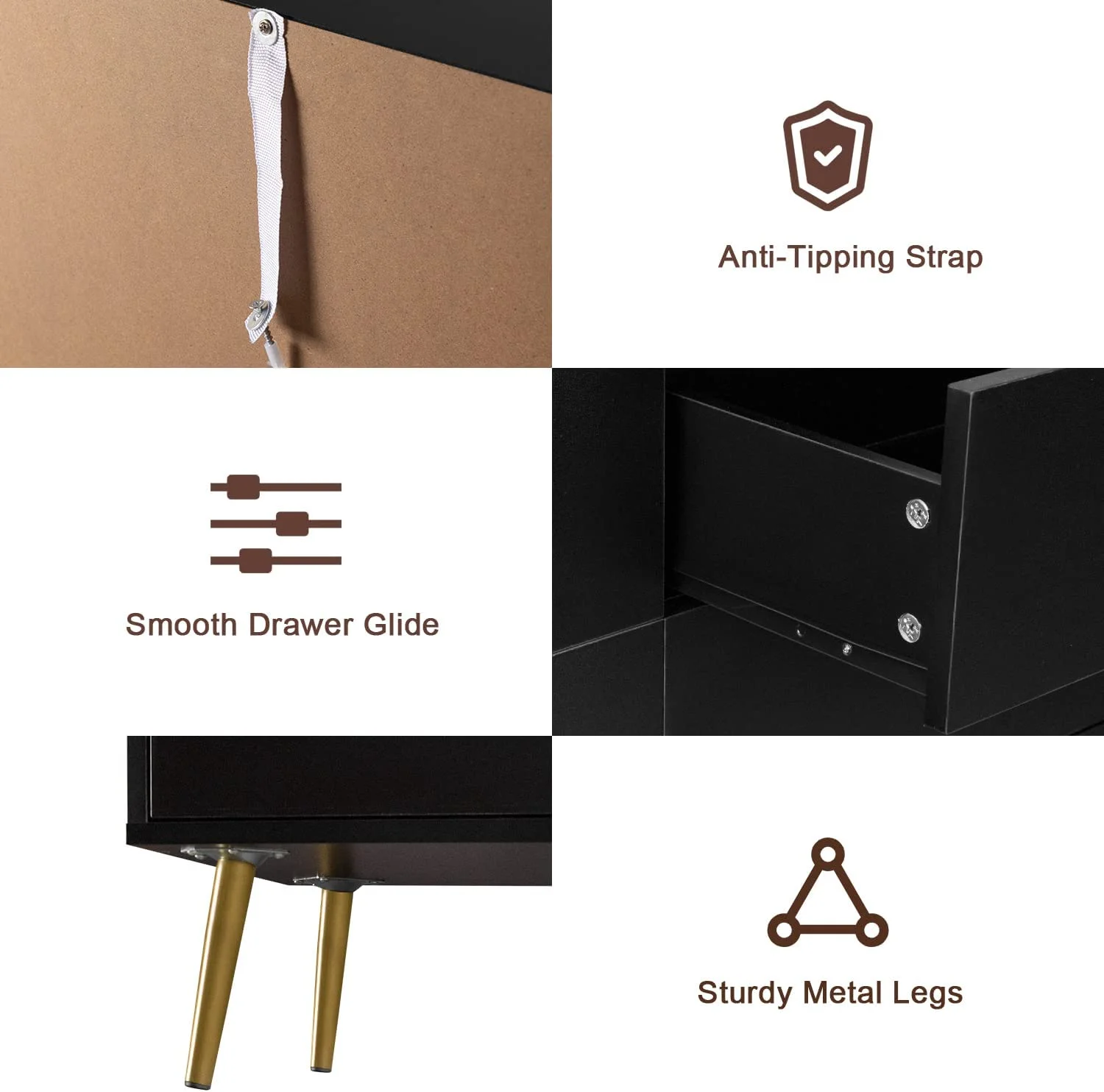 MAISONPEX 6 Drawer Dresser for Bedroom, Black Wood Dresser chest with Gold Metal Handle, Sturdy Frame Modern storage drawers for Closet, Hallway, entryway, Bedroom