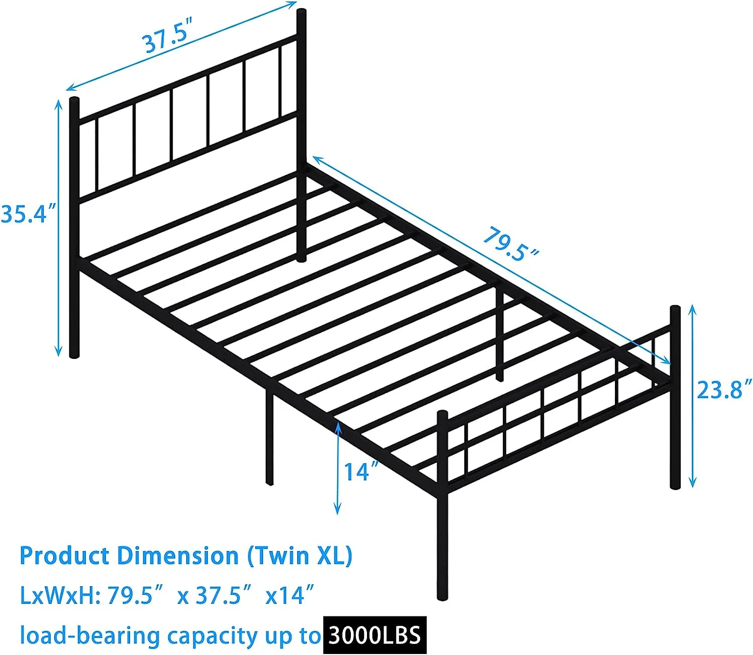 zizin 14 Inch Twin XL Metal Bed Frame with Headboard and Footboard Heavy Duty Platform Bedframe No Box Spring Needed Balck Round Tube Easy Assembly Extra Long Twin Bed Frame
