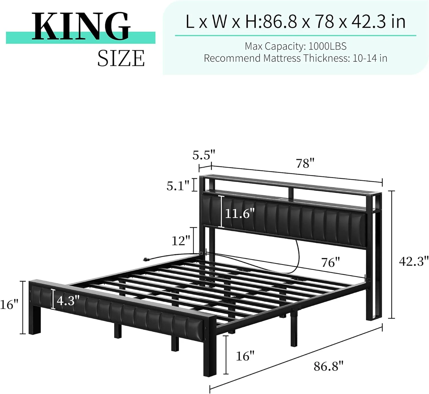 LUXOAK King Size Bed Frame, LED Platform Bed with Faux Leather Headboard,Charging Station, 2-Tier Storage Space/No Box Spring Needed/Noise-Free, Black& Rustic Brown