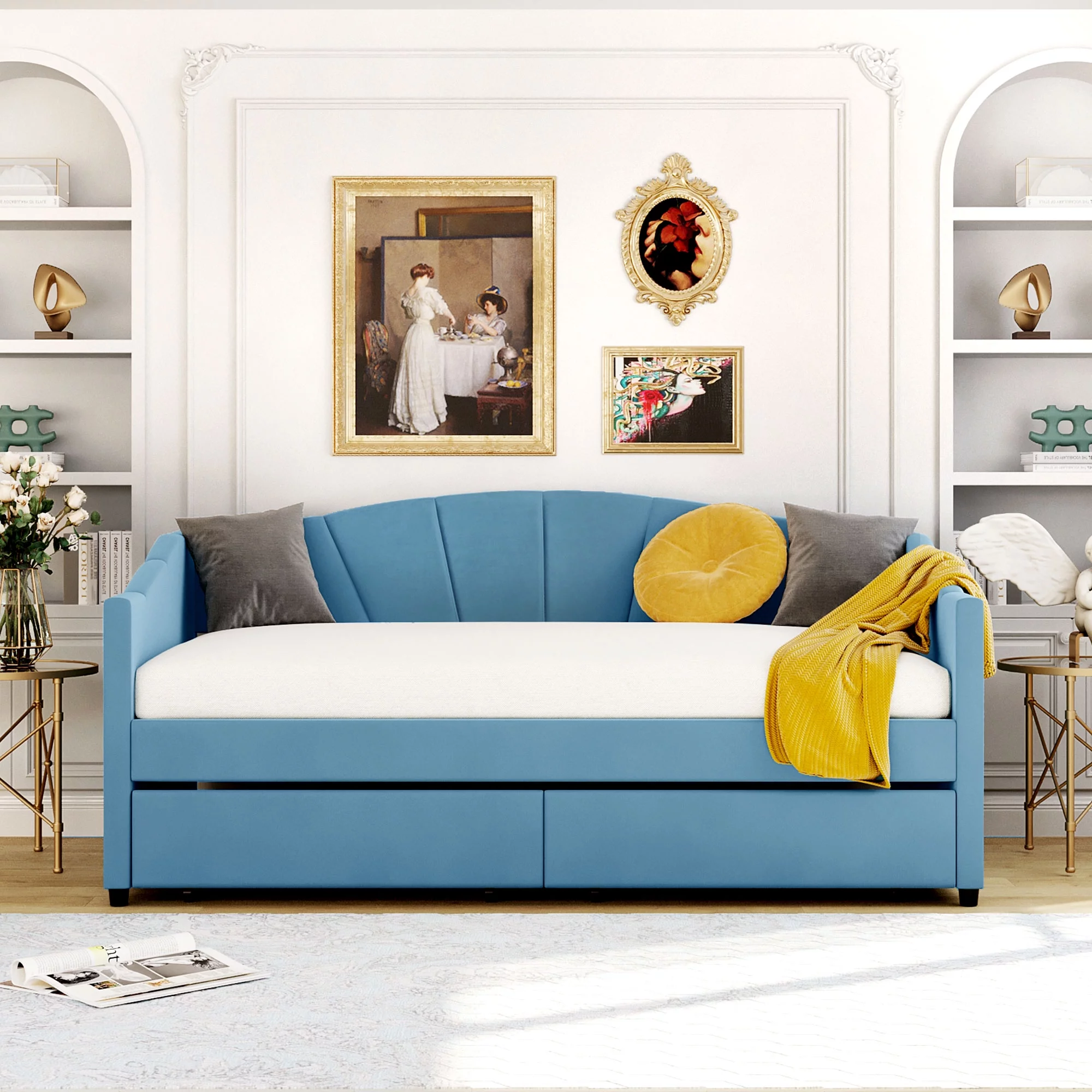 Royard Oaktree Twin Size Upholstered Daybed with Two Drawers Modern Velvet Sofa Bed with Wood Slat for Living Room Bedroom, No Box Spring Needed, Blue