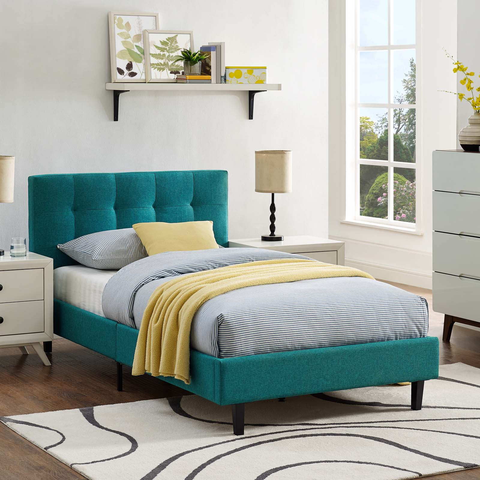 Modern Contemporary Urban Design Bedroom Twin Size Platform Bed Frame, Fabric, Aqua Blue