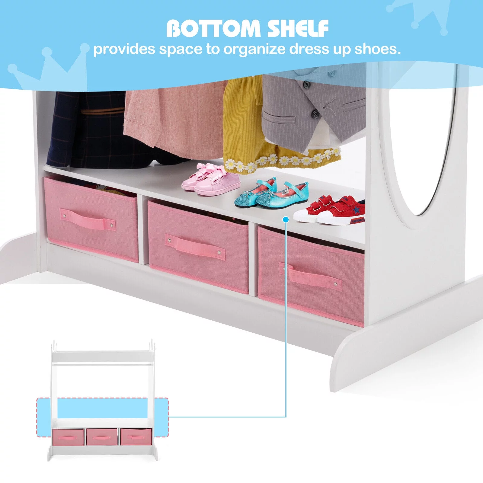JOYLDIAS Kids Armoire Pretend Dress-Up Storage Openning Hanging Closet Wardrobe Girls Bedroom Furniture with Mirror, 3 Drawers, Side Pocket(White)