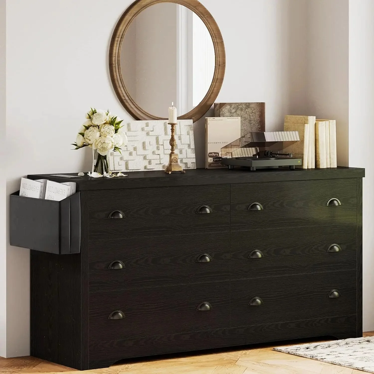 Dresser for Bedroom 6 Drawer with Charging Station, TV Stand Storage Chest of Drawers for Living Room Kitchen Cabinets Muebles