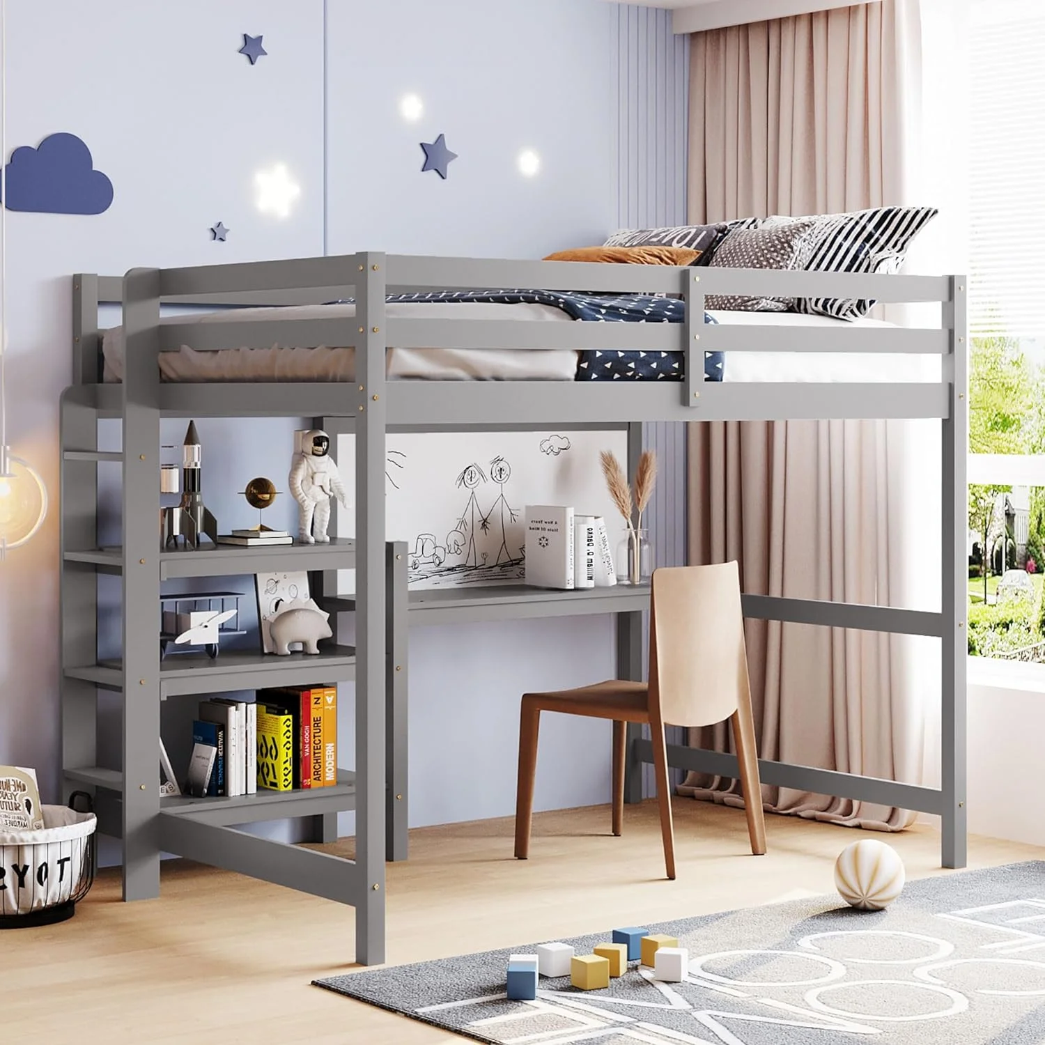 Full Size Woode Loft Bed With 3-Tier Shelves,Desk Ad Writig Board,Multi-Fuctioal Full Loft Bed Frame For Bedroom,Dormitory(Gray)